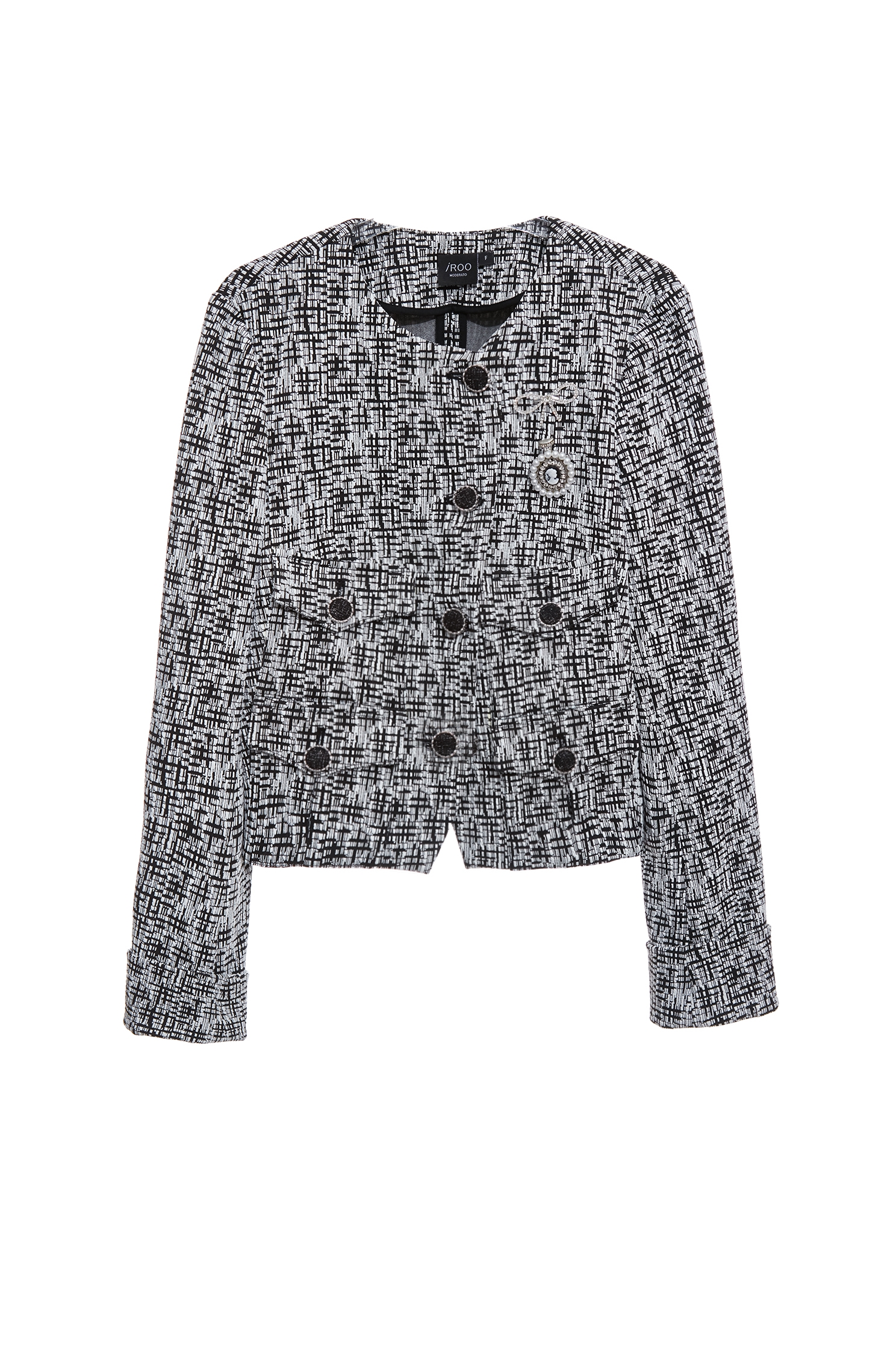 黑白復古別針彈性短外套黑白復古別針彈性短外套,一般外套,人氣商品,外套,春夏穿搭,珍珠,蝴蝶結