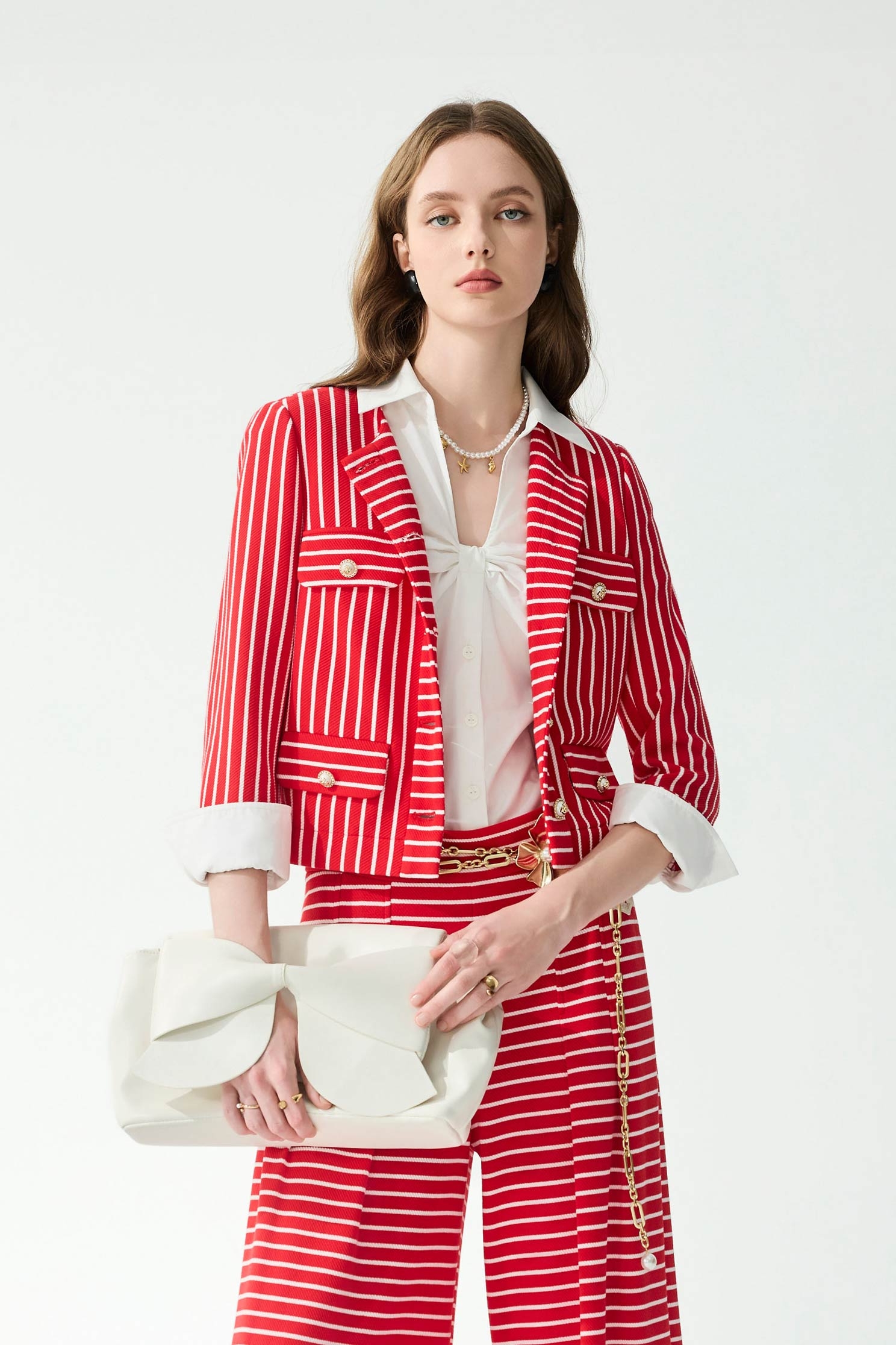 紅梅色小香風配條外套紅梅色小香風配條外套,一般外套,外套,小香風,春夏穿搭