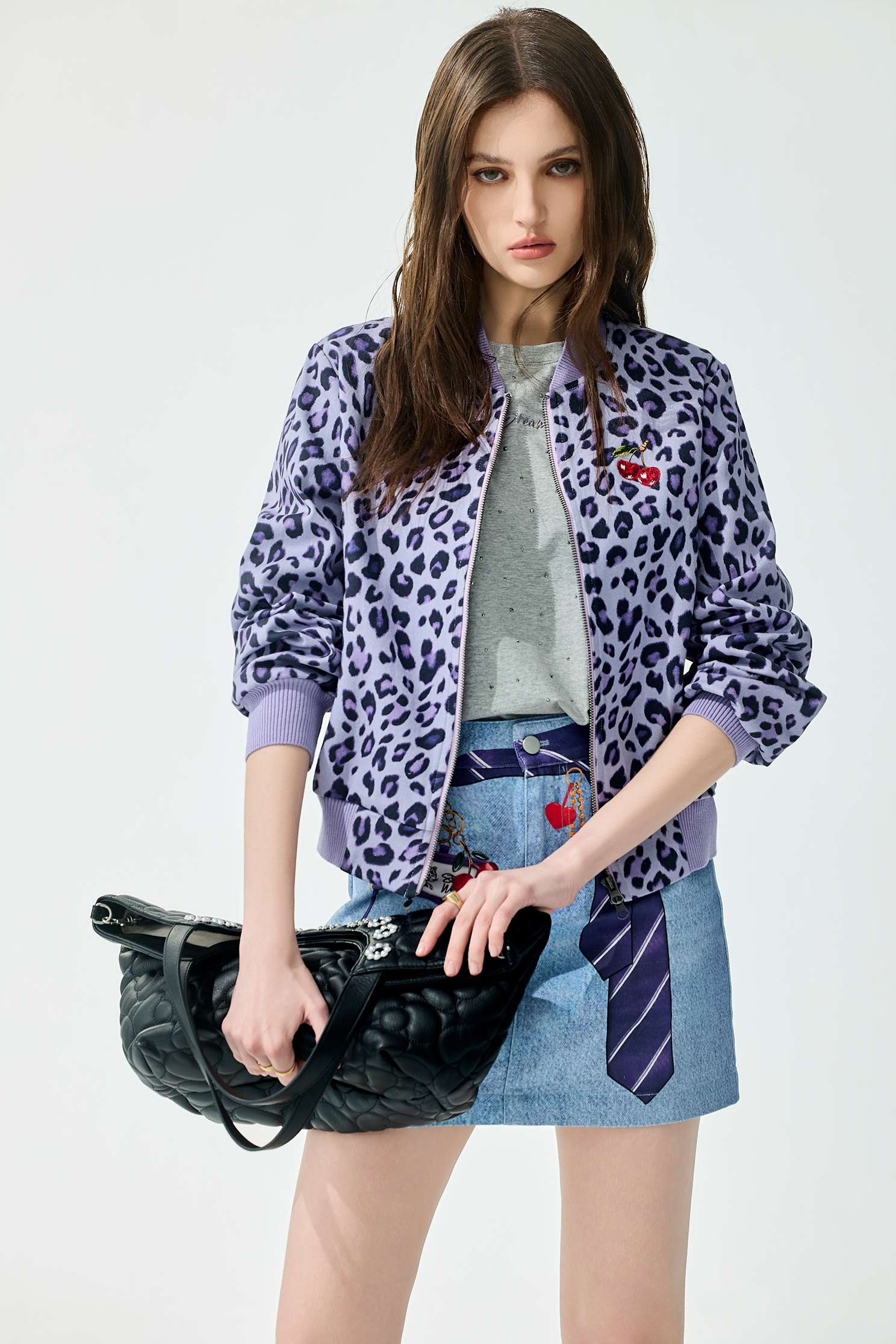 紫色豹紋印花外套紫色豹紋印花短裙,一般外套,刺繡,外套,春夏穿搭,牛仔