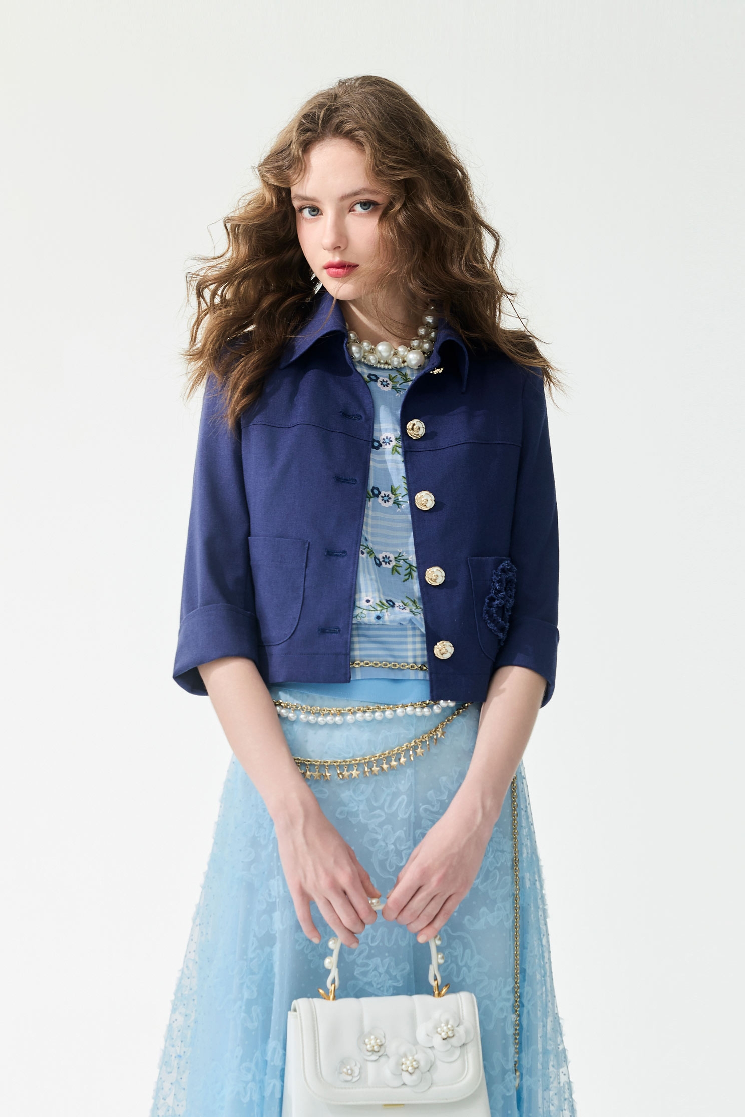 經典藍色抽鬚壓手工花外套經典藍色抽鬚壓手工花外套,一般外套,外套,春夏穿搭