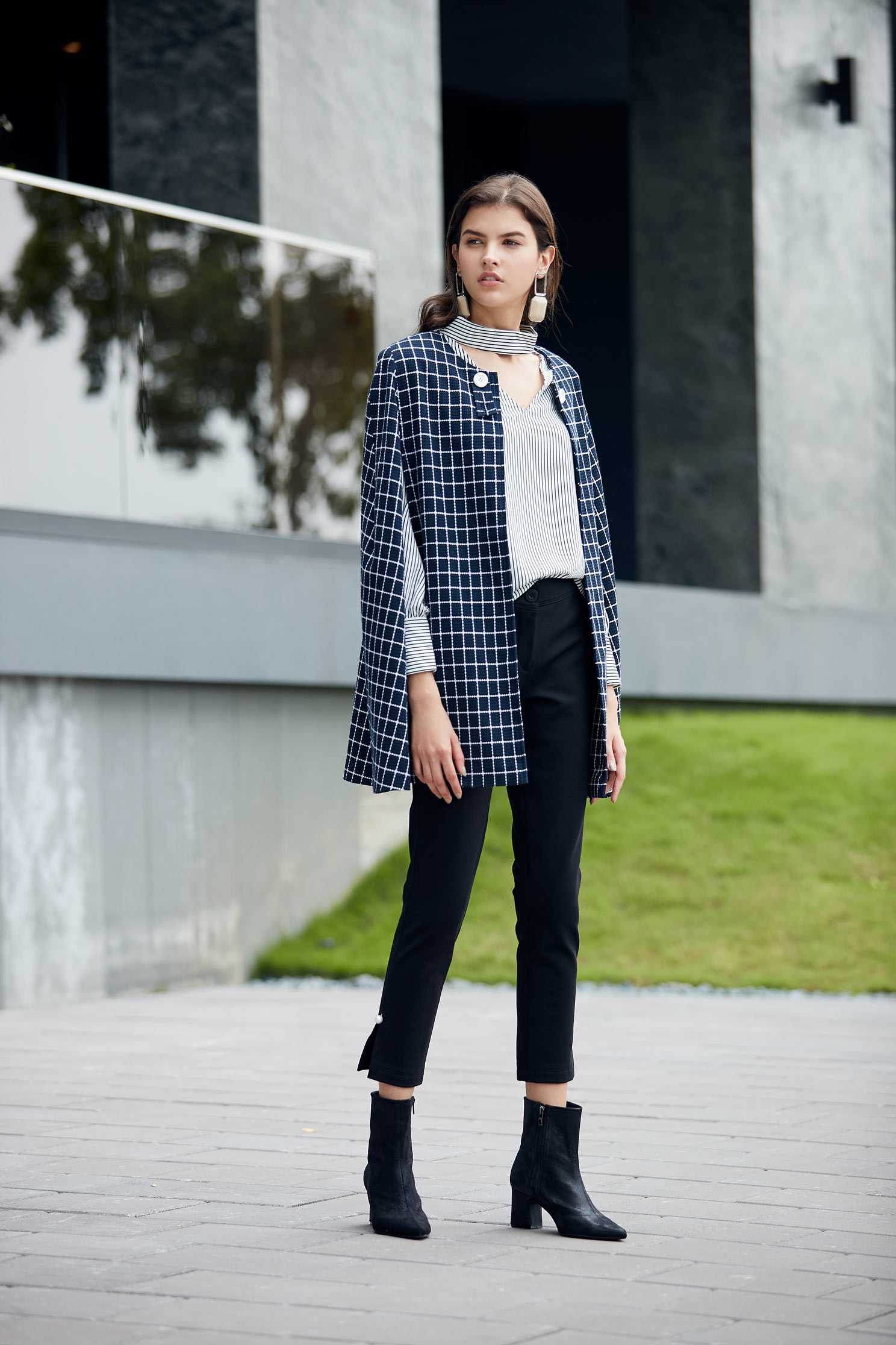 Navy blue england checkered long Sleeve blazer,outerwear,longsleeveouterwear