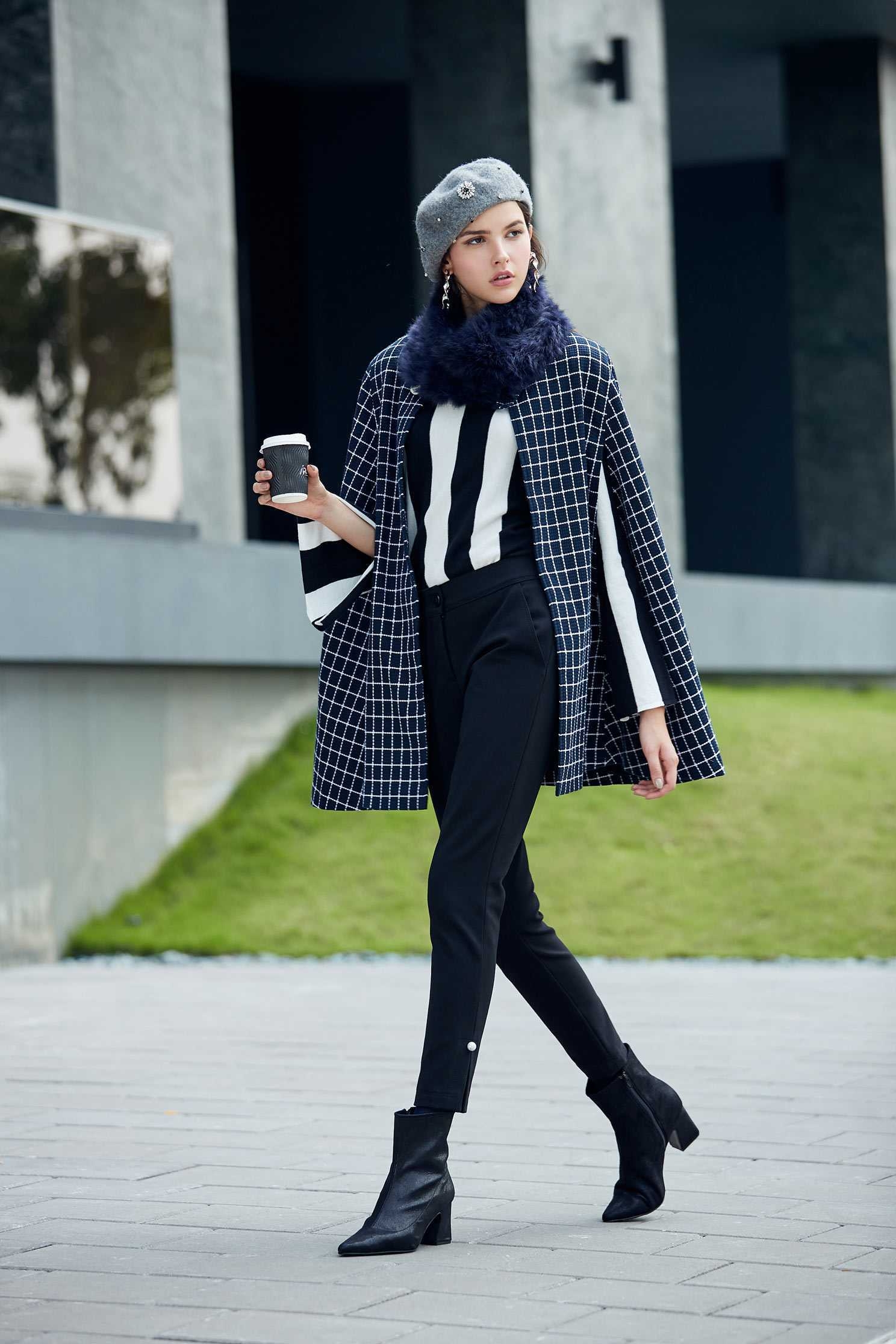 Navy blue england checkered long Sleeve blazer,outerwear,longsleeveouterwear