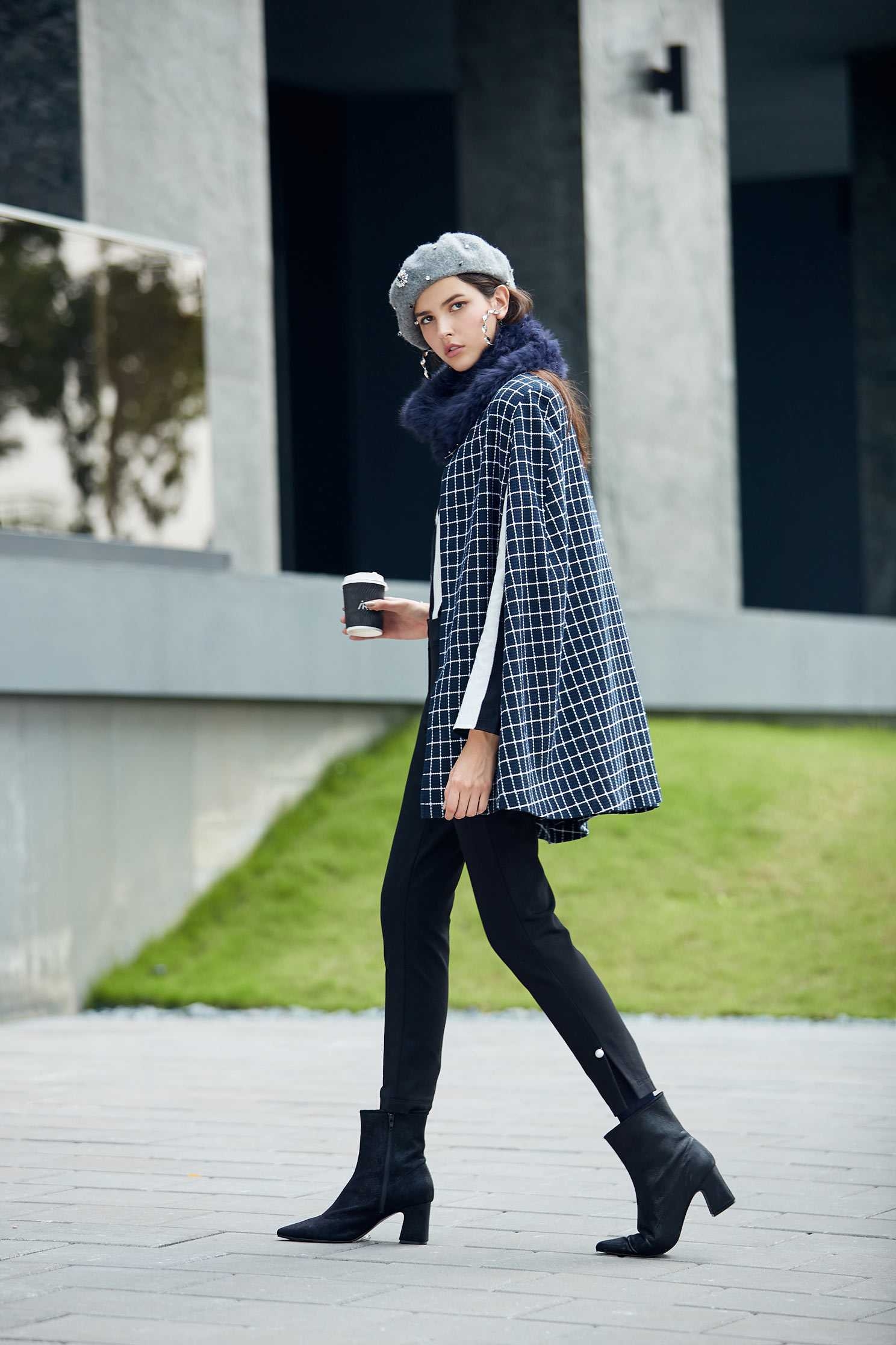Navy blue england checkered long Sleeve blazer,outerwear,longsleeveouterwear