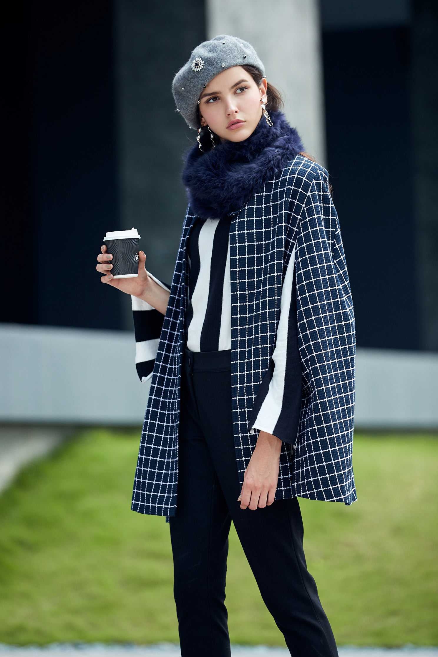 Navy blue england checkered long Sleeve blazer,outerwear,longsleeveouterwear