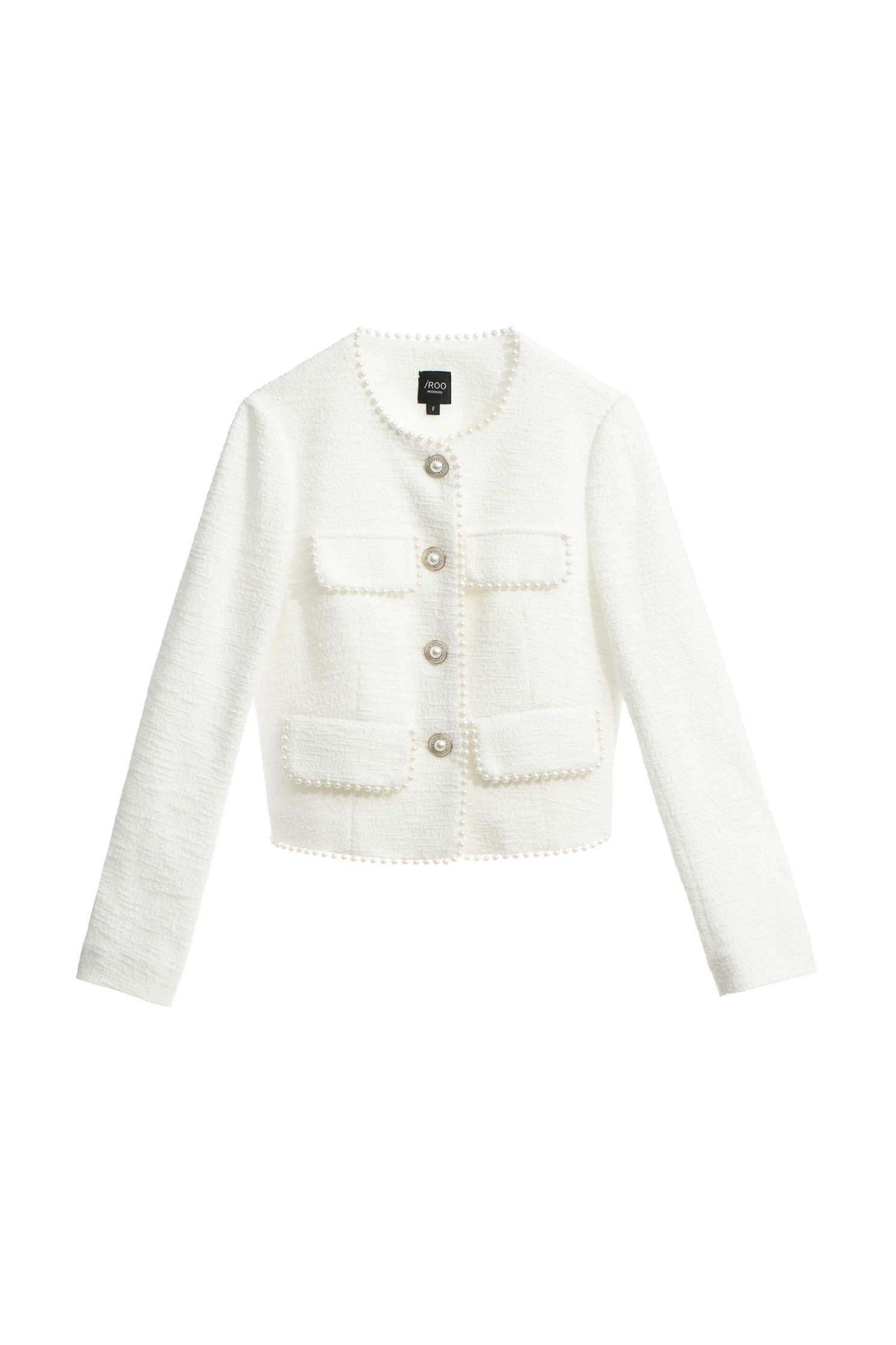 珍珠鏈條彈性短外套珍珠鏈條彈性短外套,一般外套,上班OL穿搭,人氣商品,外套,時髦成套搭配,毛呢花呢,珍珠,白色外套,秋冬穿搭,針織