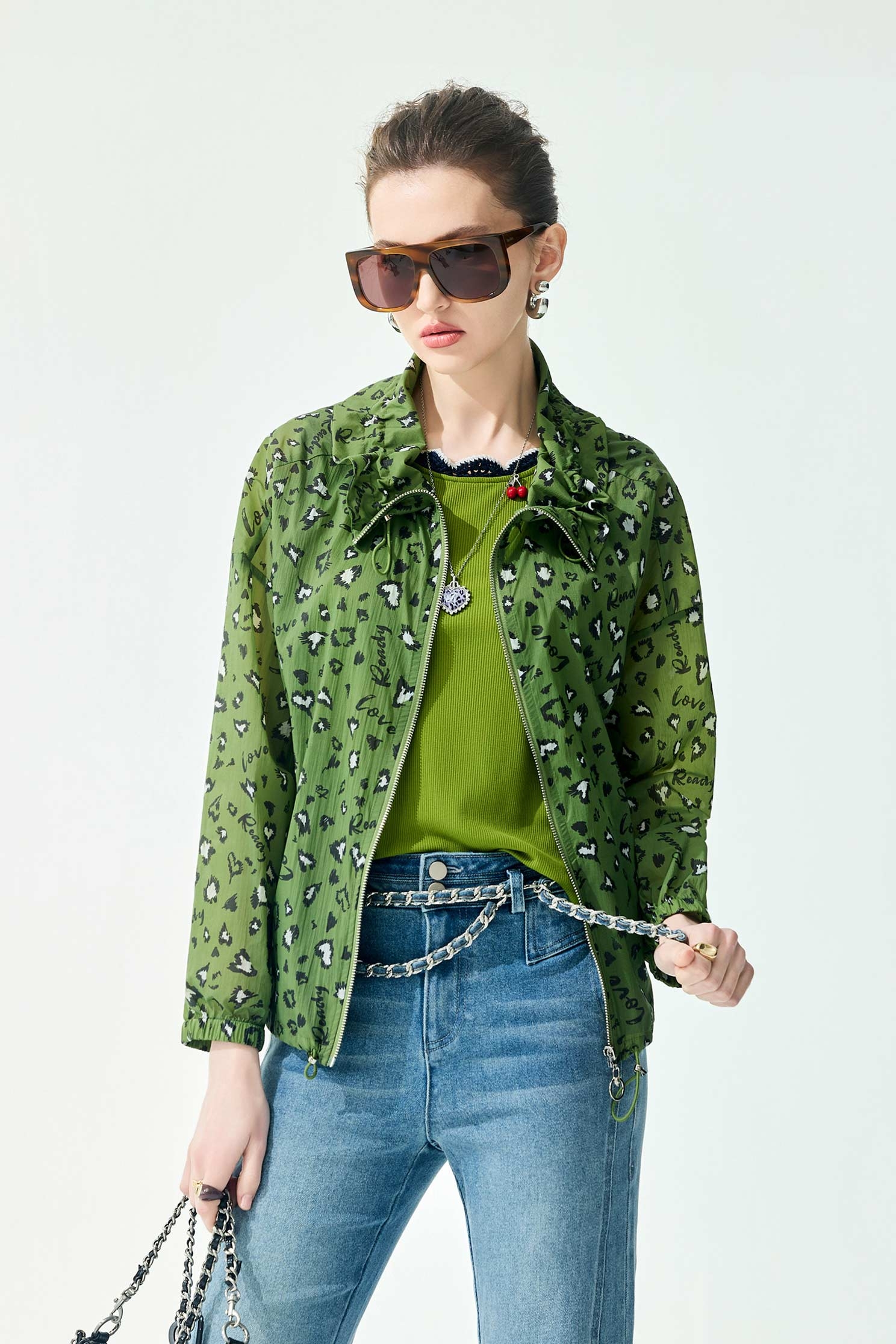 神秘綠豹紋印花外套海帶綠豹紋印花外套,一般外套,外套,時髦成套搭配,秋冬穿搭