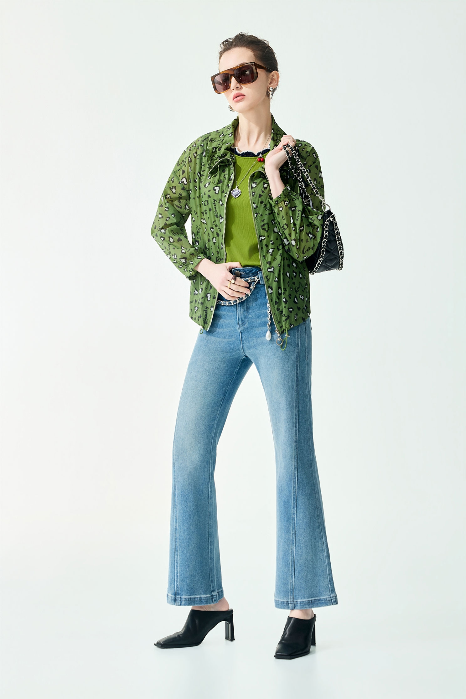 神秘綠豹紋印花外套海帶綠豹紋印花外套,一般外套,外套,時髦成套搭配,秋冬穿搭