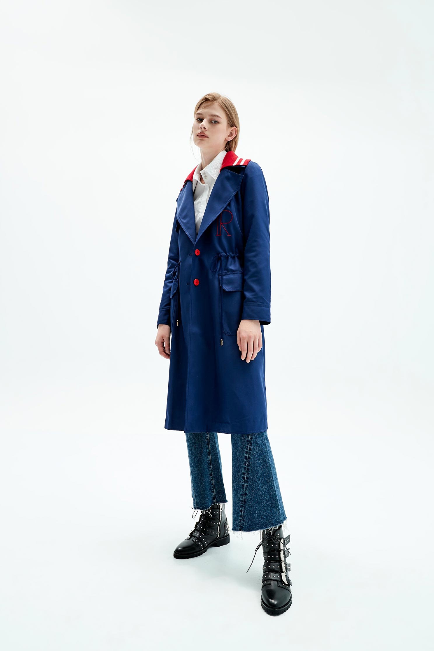 Dark blue letter embroidered trench coat,embroidery,embroidered,longsleeveouterwear,windbreaker
