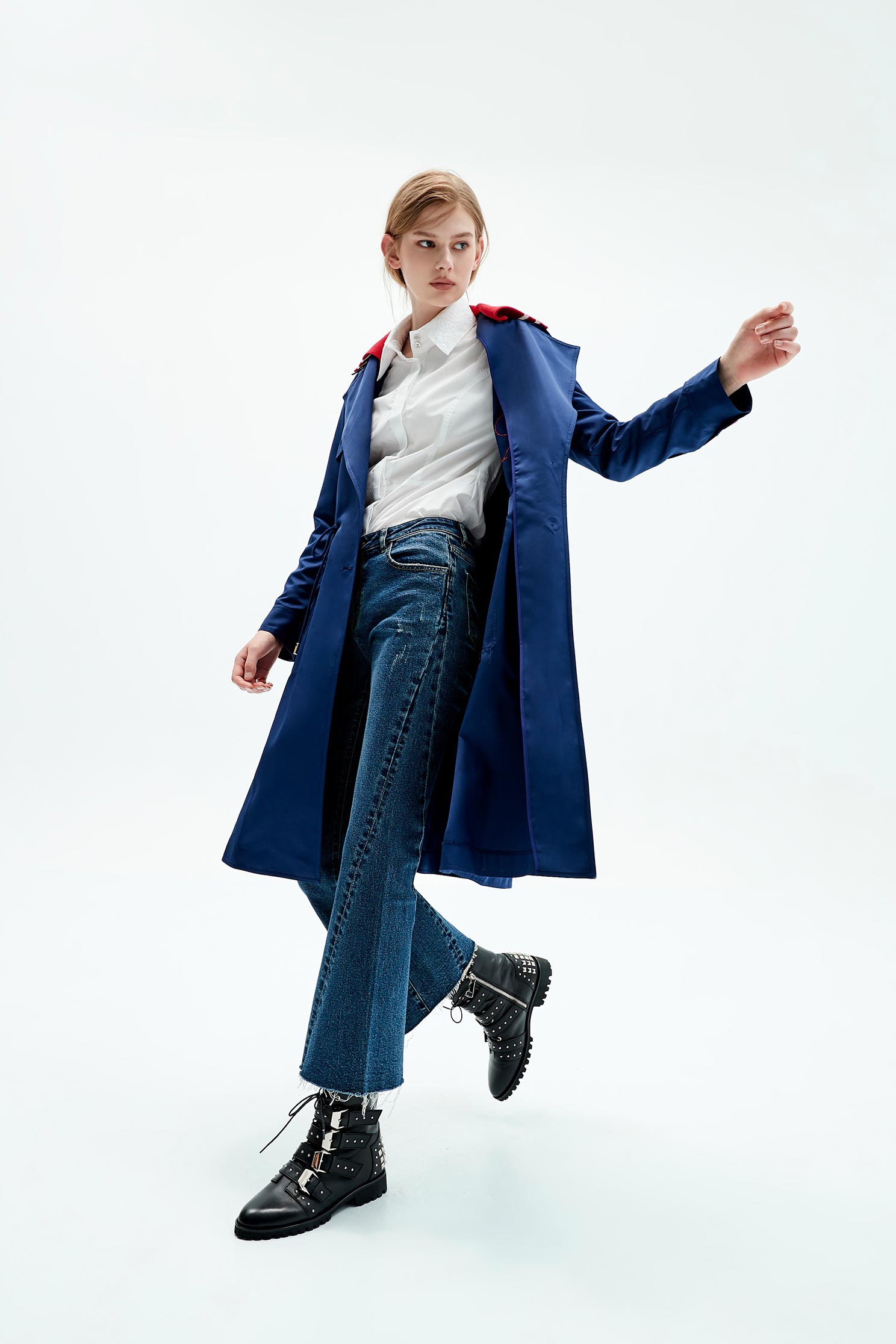 Dark blue letter embroidered trench coat,embroidery,embroidered,longsleeveouterwear,windbreaker