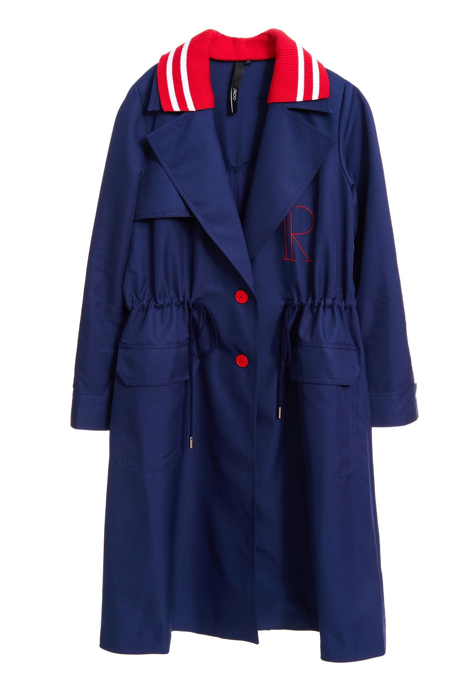 Dark blue letter embroidered trench coat,embroidery,embroidered,longsleeveouterwear,windbreaker