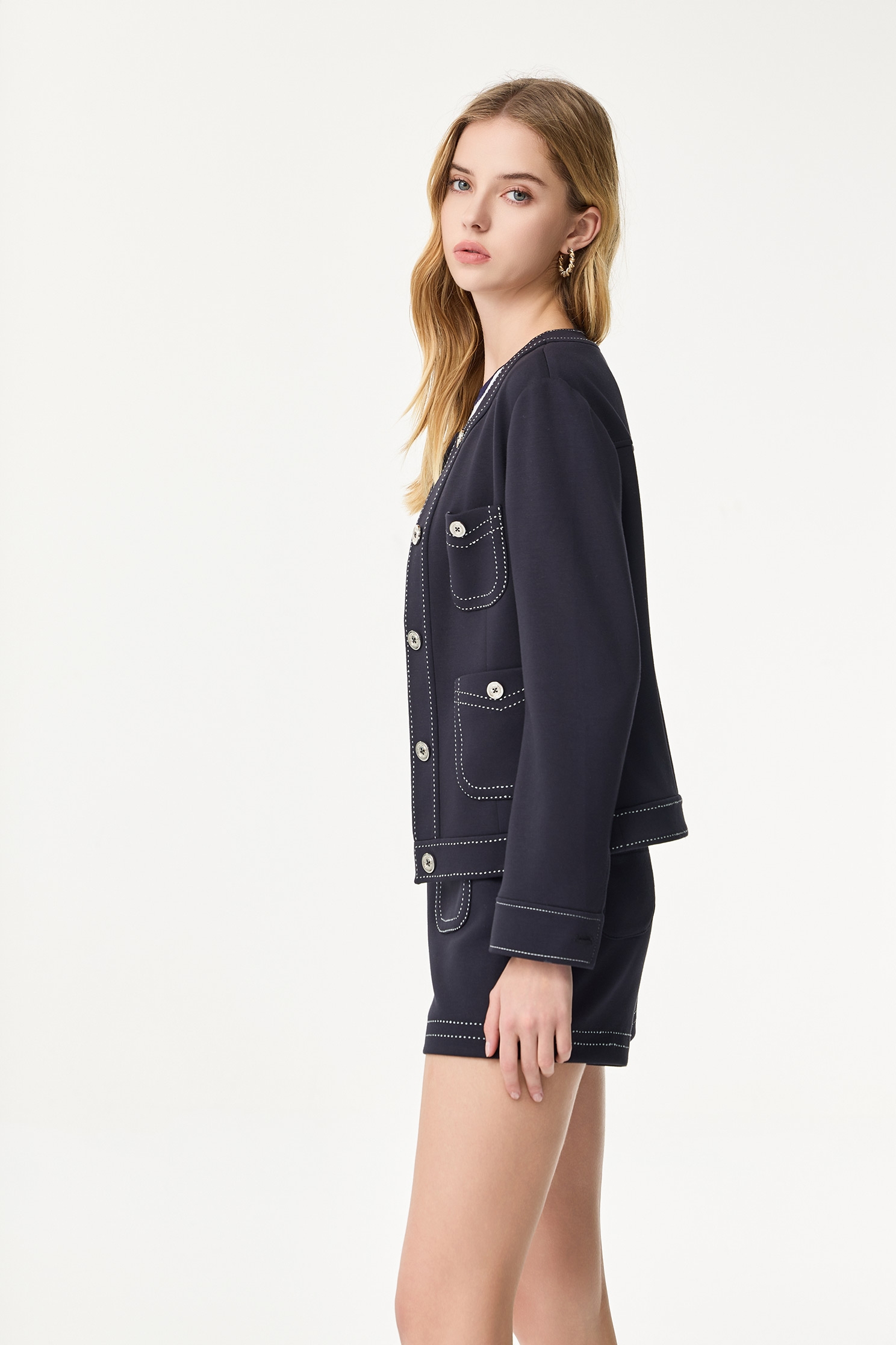 午夜藍跳線設計外套午夜藍跳線設計外套,一般外套,外套,春夏穿搭,時髦成套搭配