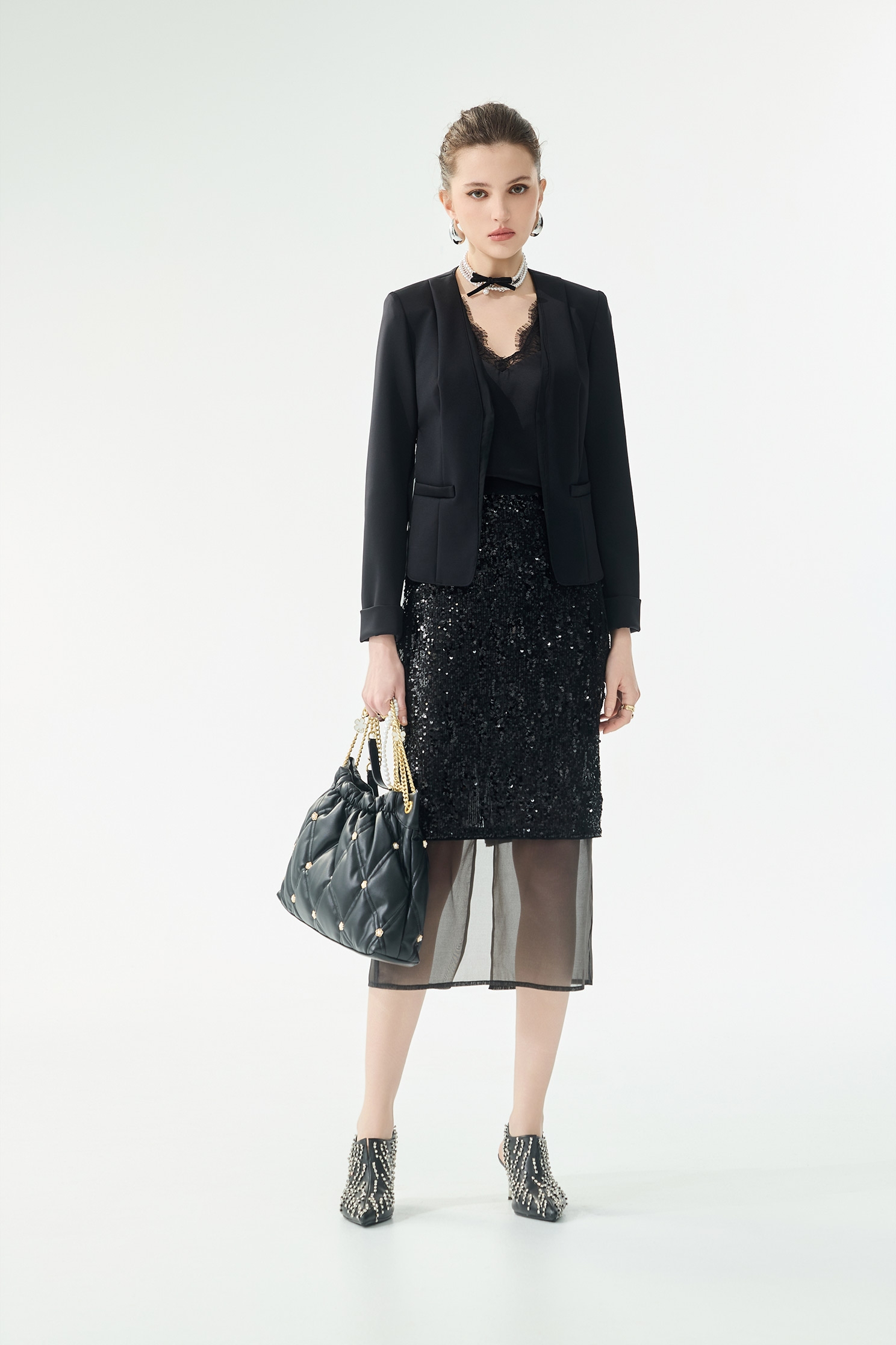 彈性亮片異材拼接長窄裙彈性亮片異材拼接長窄裙,春夏穿搭,黑色裙子