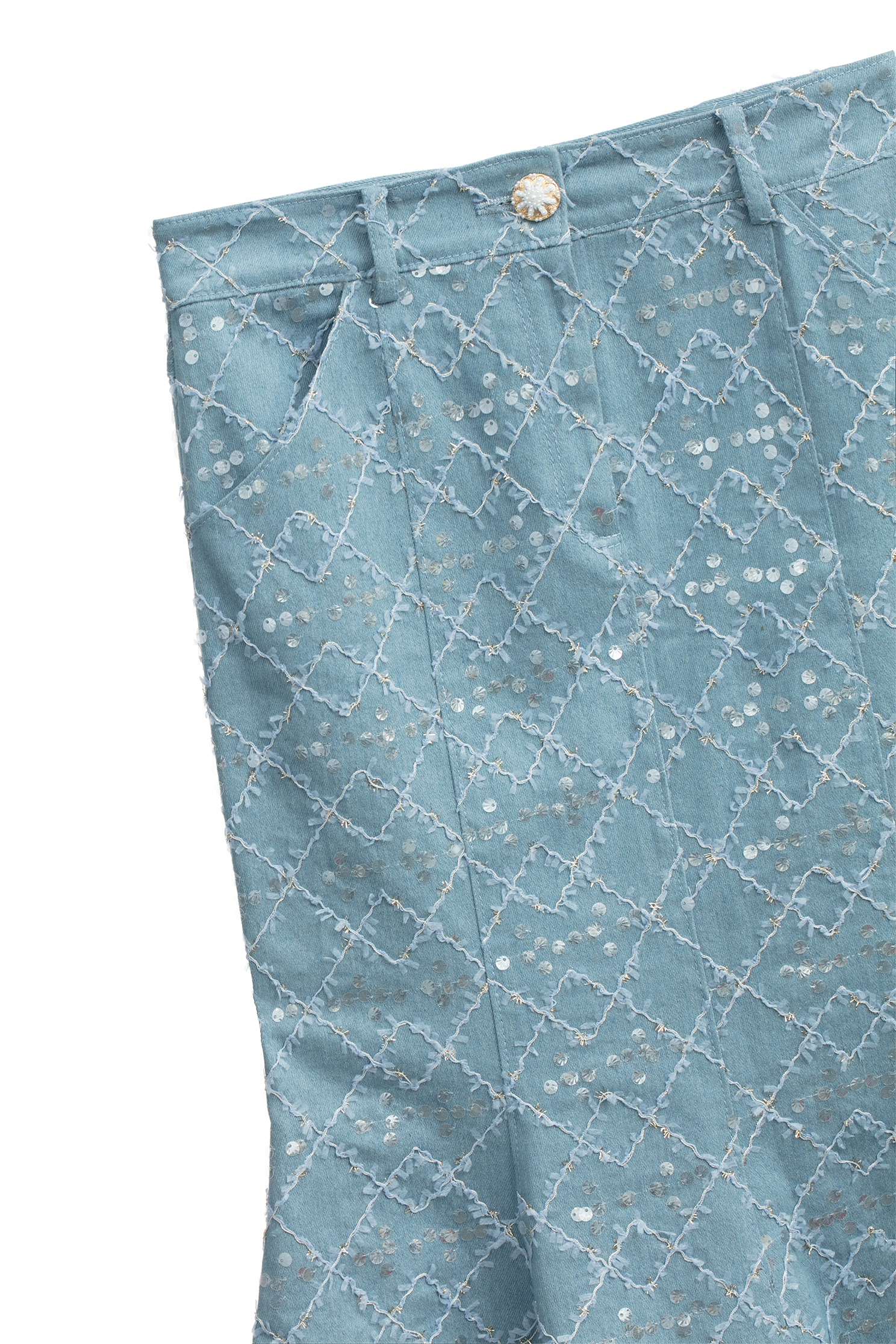 格紋亮片牛仔魚尾裙格紋亮片牛仔魚尾裙,刺繡,春夏穿搭,時髦成套搭配,格紋,牛仔,牛仔裙,長裙