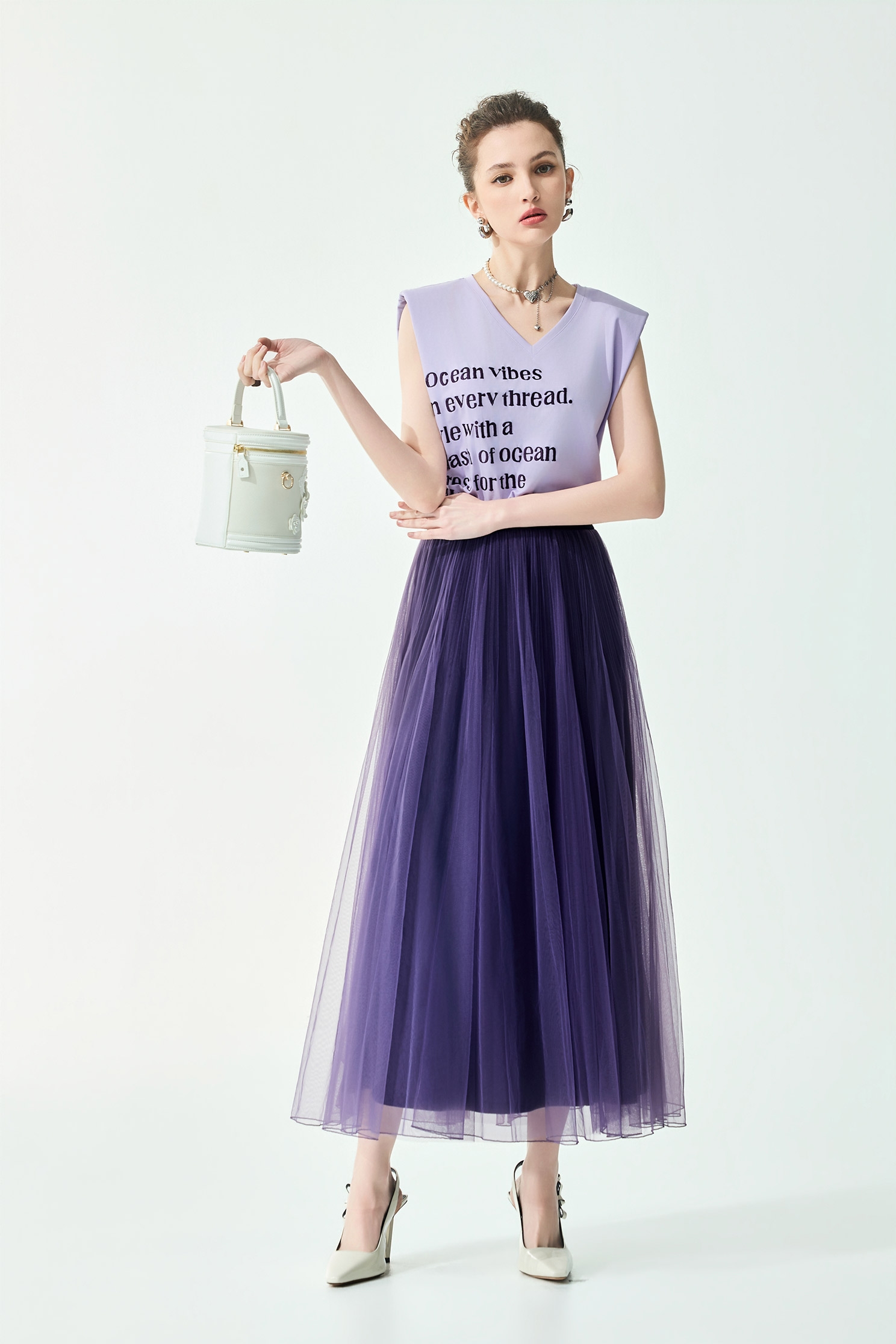 葡萄酒紫壓褶網紗裙葡萄酒紫壓褶網紗裙,春夏穿搭,網紗,長裙