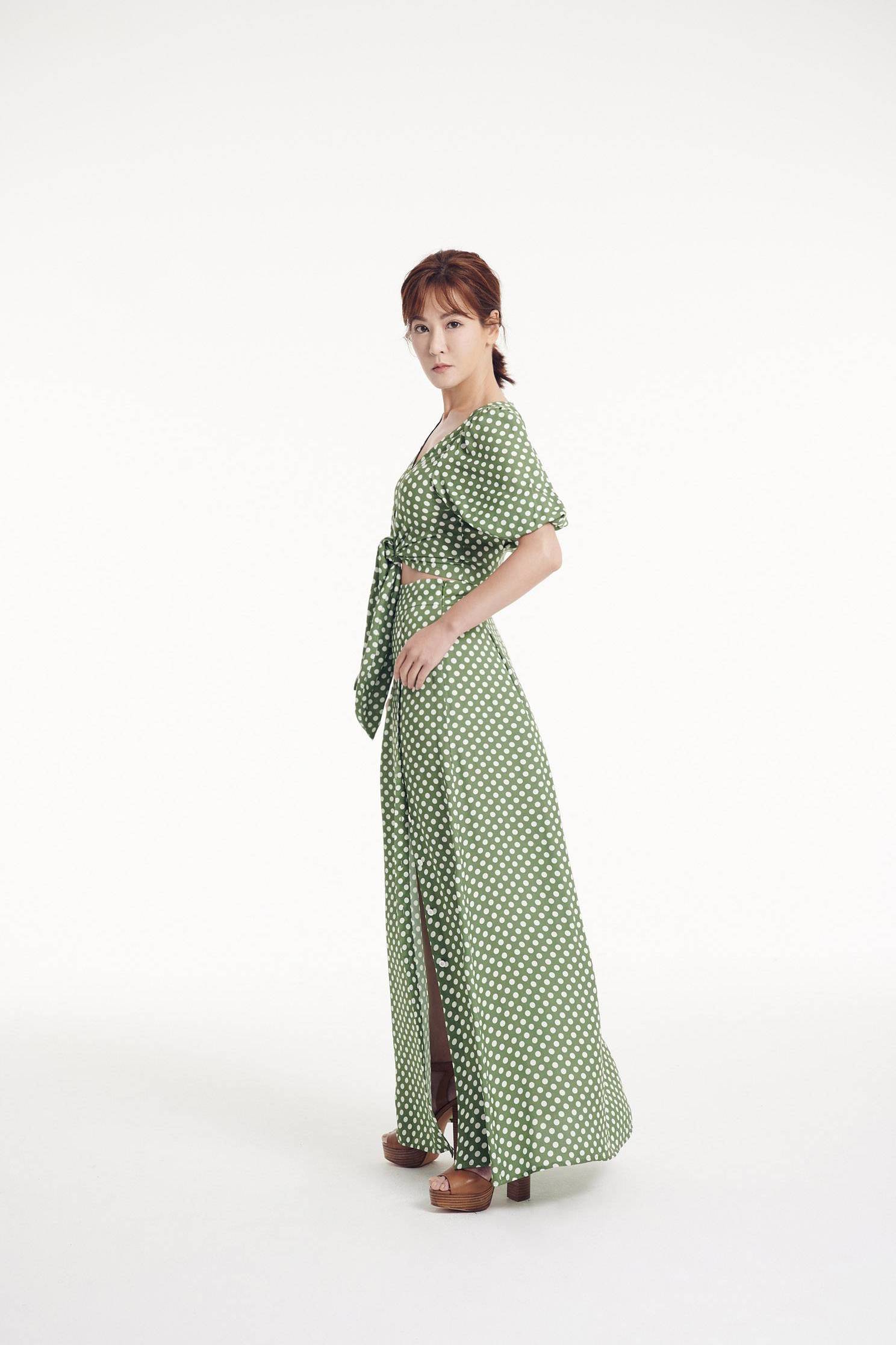 V-word puff sleeve dot set (skirt),top,onlinelimitededition,longskirt