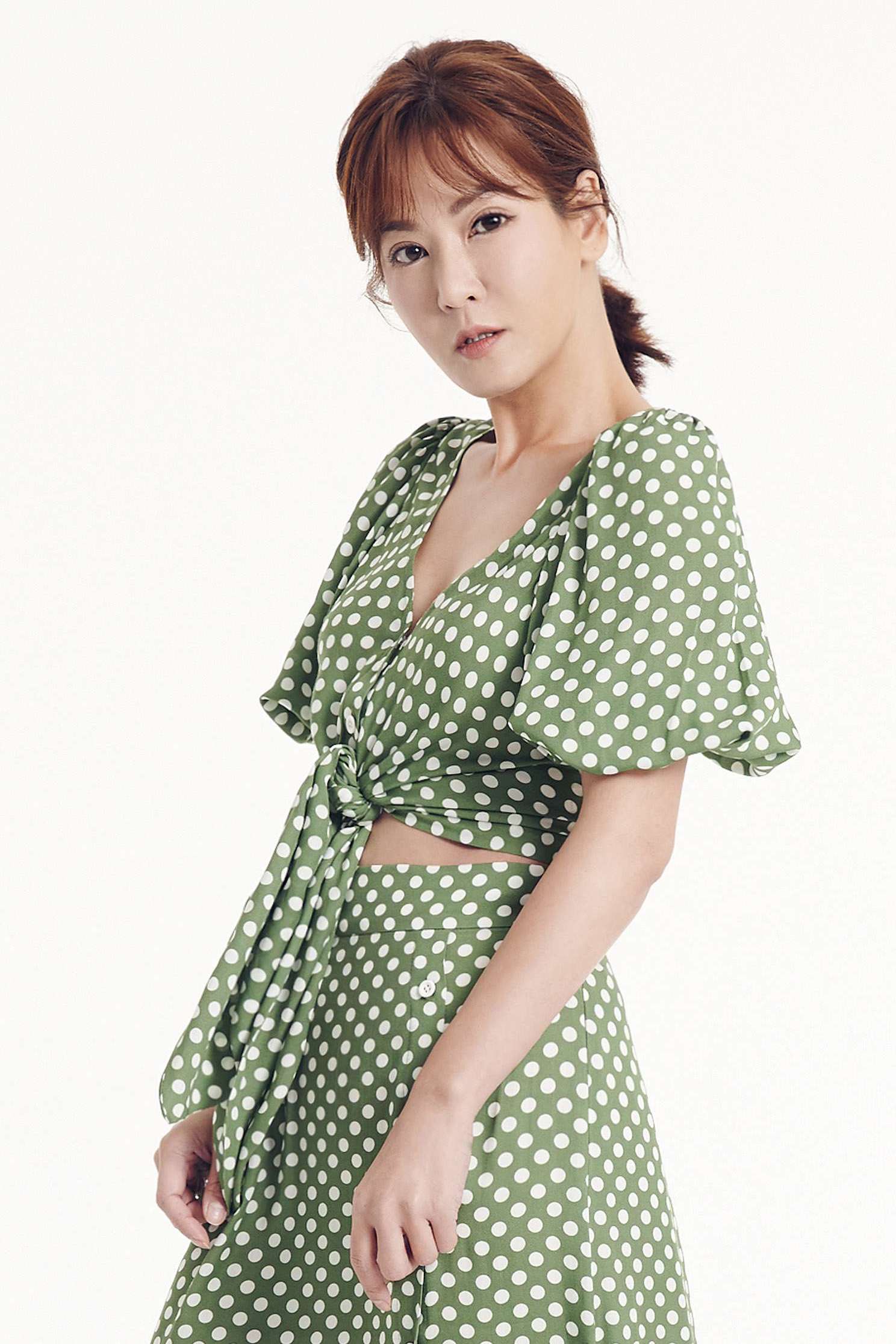 V-word puff sleeve dot set (skirt),top,onlinelimitededition,longskirt