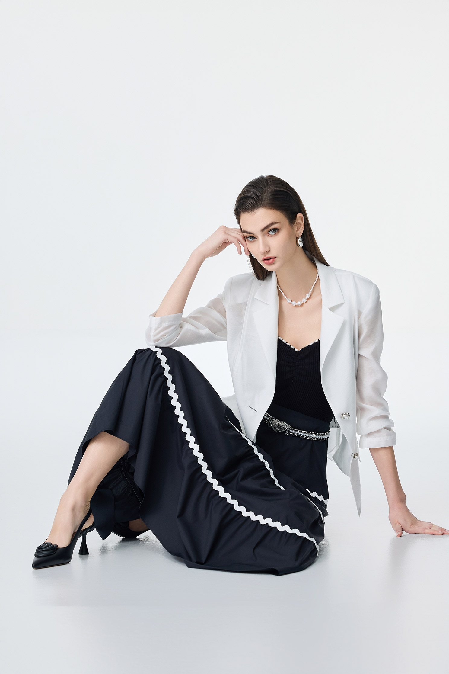 極致黑波浪織帶蛋糕裙極致黑波浪織帶蛋糕裙,上班OL穿搭,春夏穿搭,條紋,長裙,黑色裙子