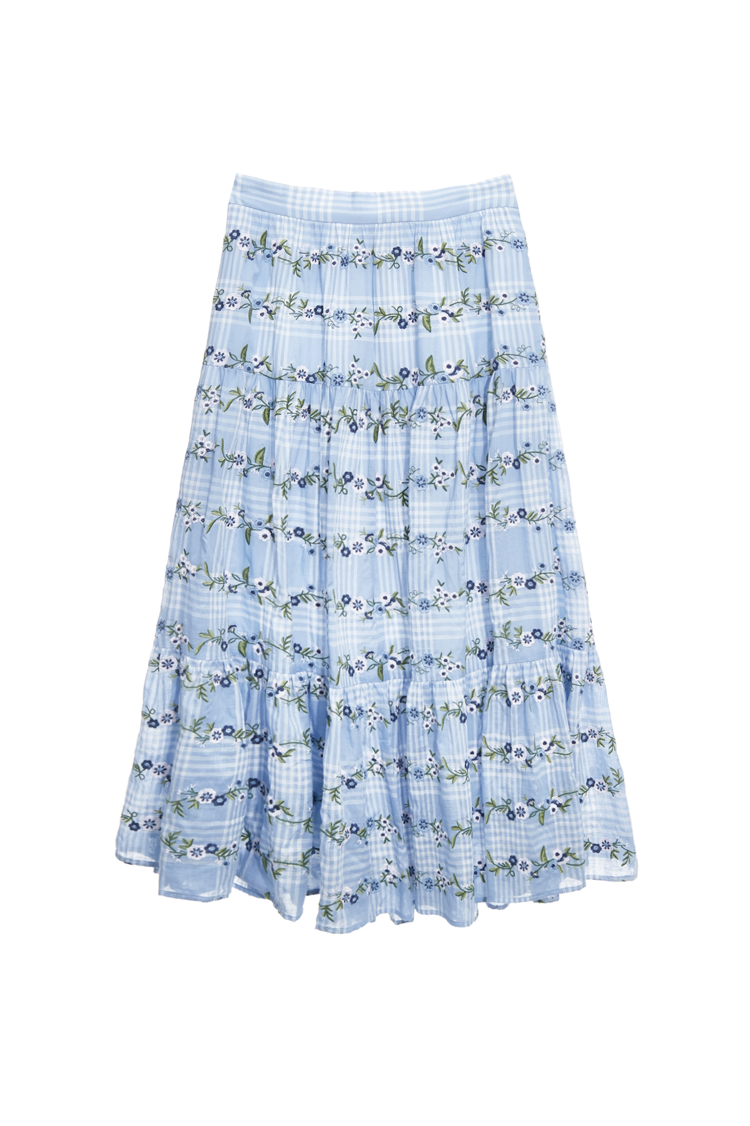 幻藍色格紋佐繡花卉長裙幻藍色格紋佐繡花卉長裙,刺繡,春夏穿搭,格紋,繡花,長裙