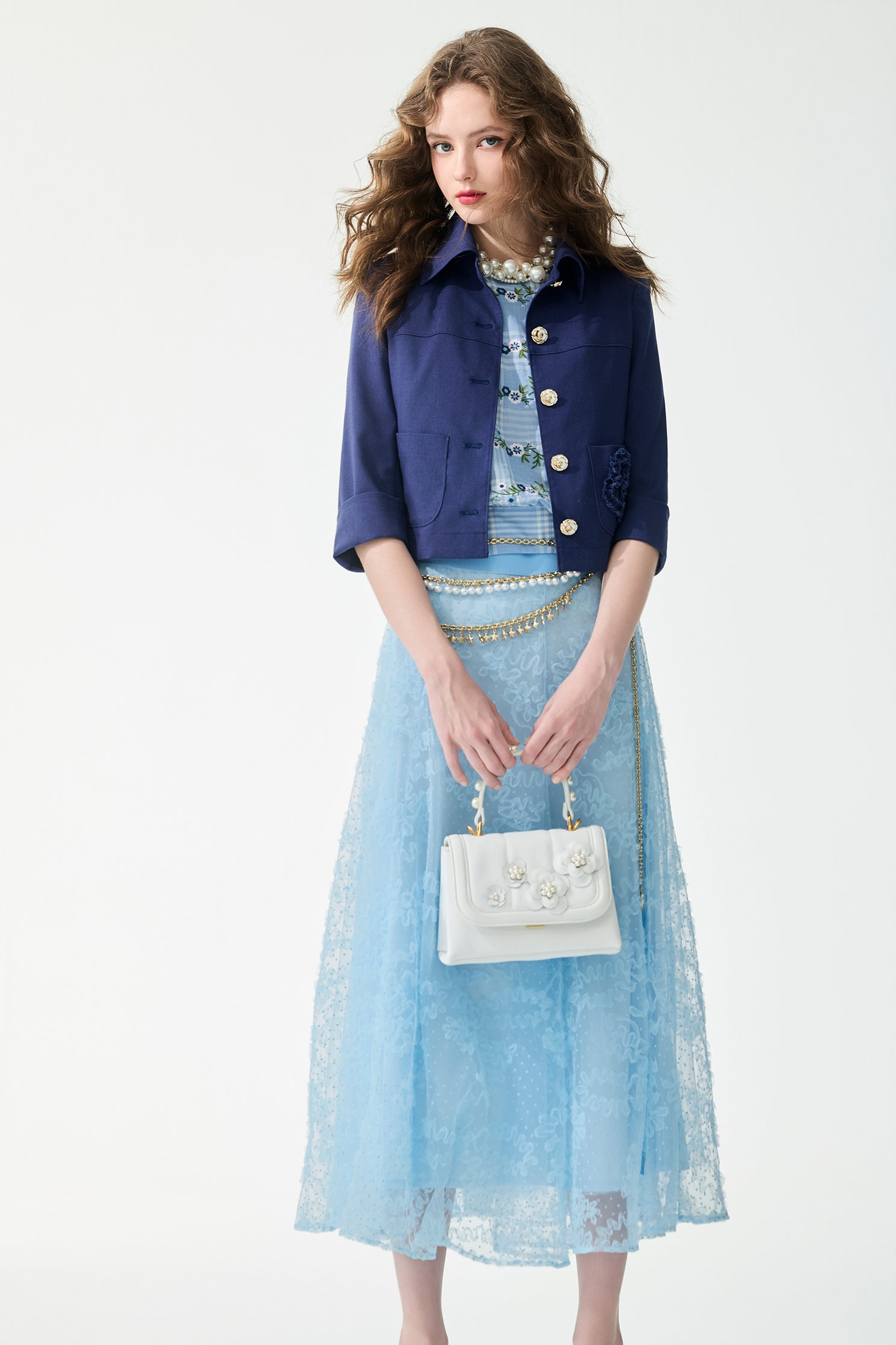 幻藍色壓波紋細網長裙幻藍色壓波紋細網長裙,春夏穿搭,網紗,長裙