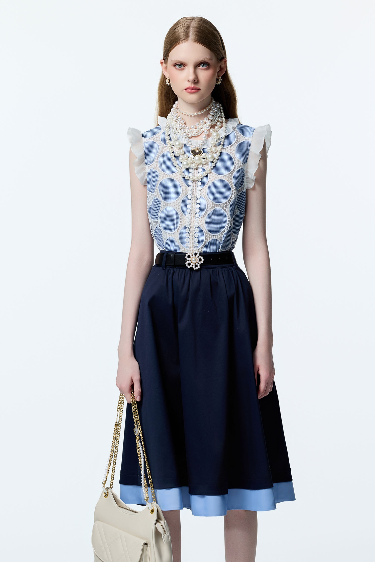 水手藍配色造型中長裙水手藍配色造型中長裙,A字裙,上班OL穿搭,人氣商品,秋冬穿搭,約會特輯,長裙