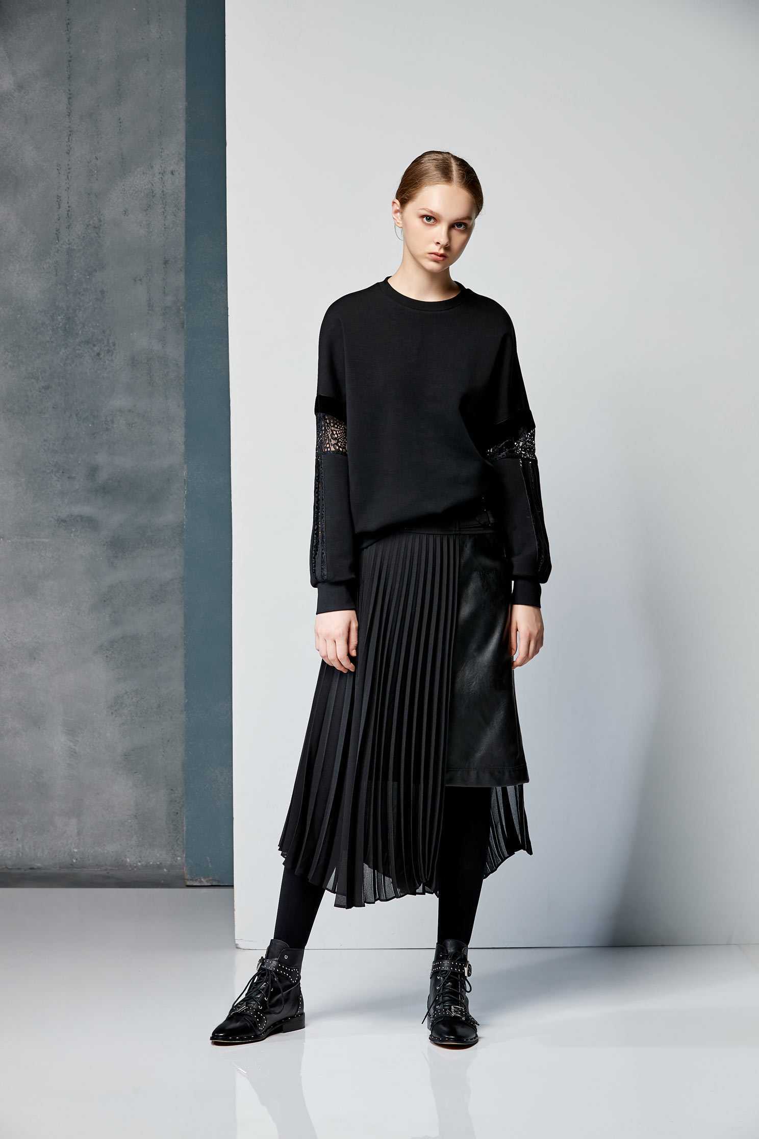 Leather mixed pleated skirt,百折,Pleated Skirt,Maxi Pleated Skirt,皮革,Long Skirt,Chiffon,Chiffon Skirt,Chiffon Long skirts,黑色裙子