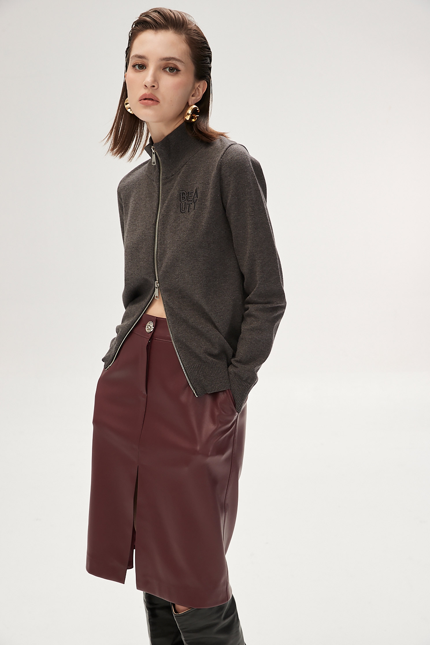 梅洛葡萄酒紅仿皮裙梅洛葡萄酒紅仿皮裙,春夏穿搭,皮革,長裙