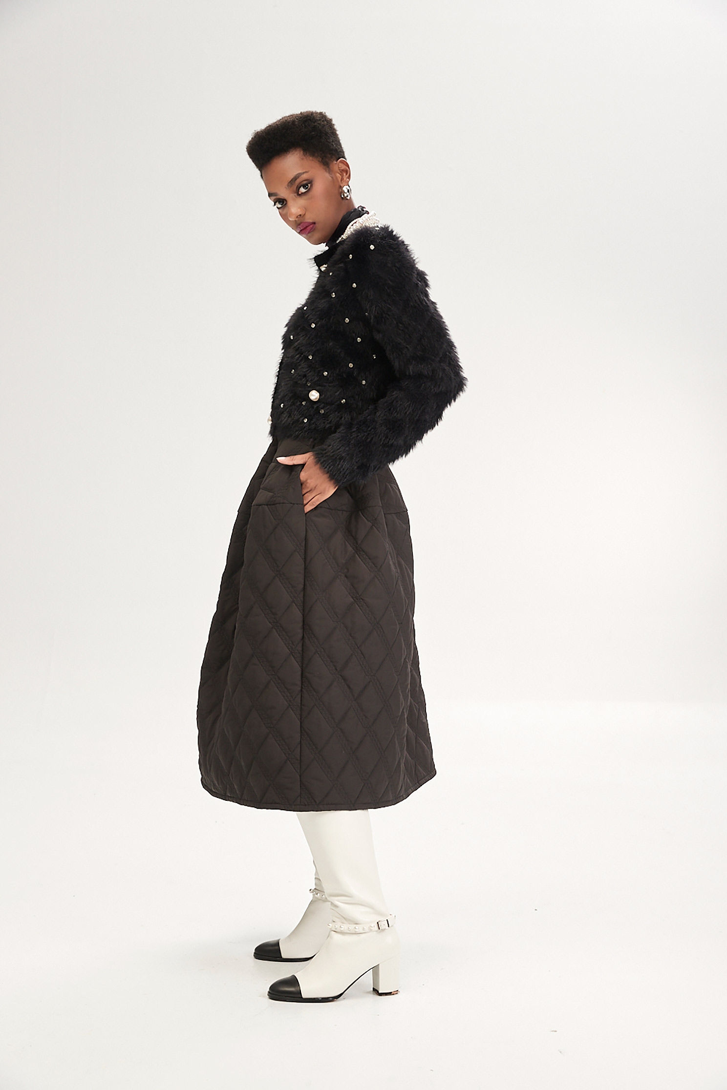 絎縫復古澎澎長裙絎縫復古澎澎長裙,春夏穿搭,長裙,黑色裙子