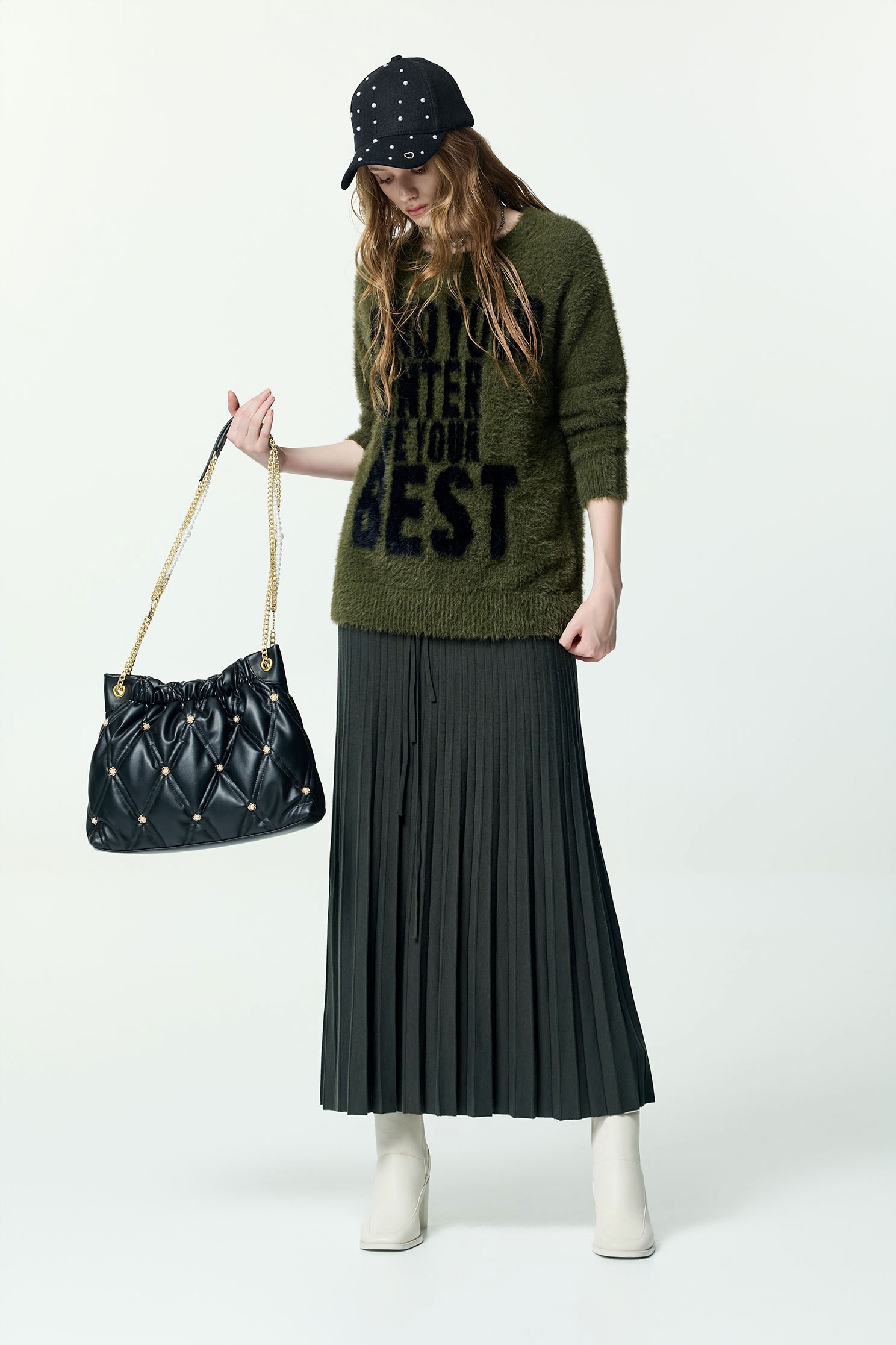 月光霧感針織百褶裙月光灰針織百褶裙,上班OL穿搭,秋冬穿搭,約會特輯,針織,長裙