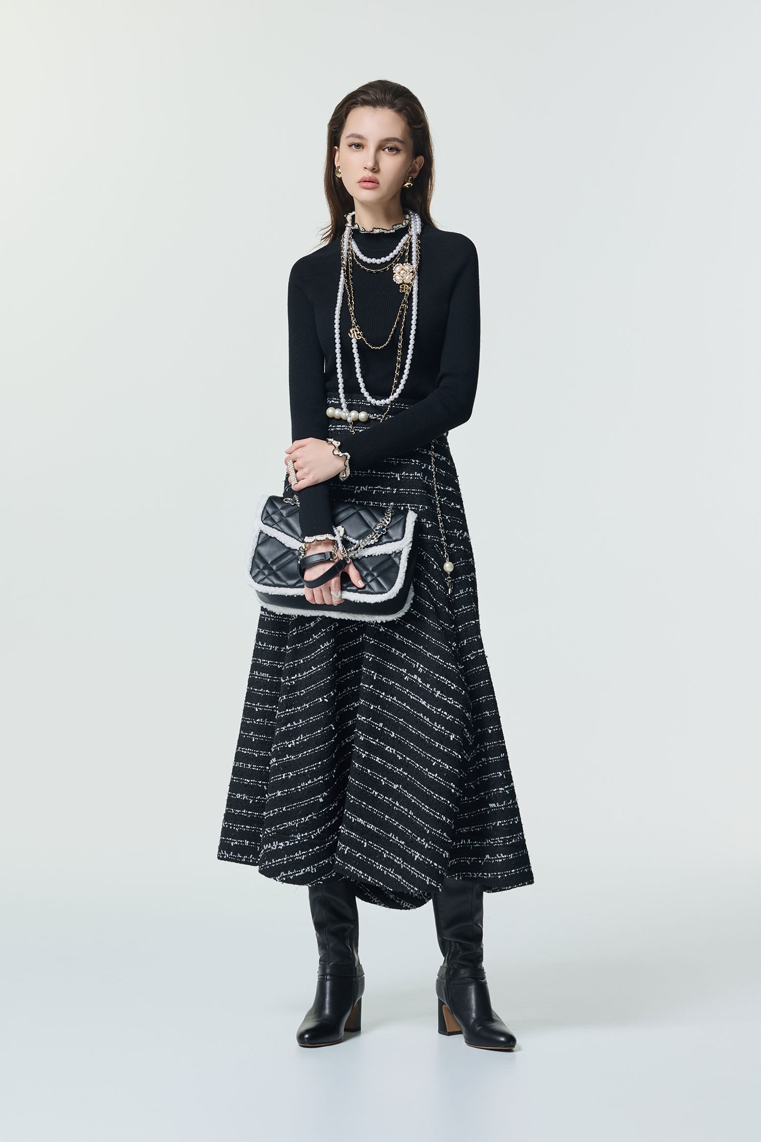 帶子紗花呢切展波浪中長裙帶子紗花呢切展波浪中長裙,春夏穿搭,珍珠,長裙,黑色裙子