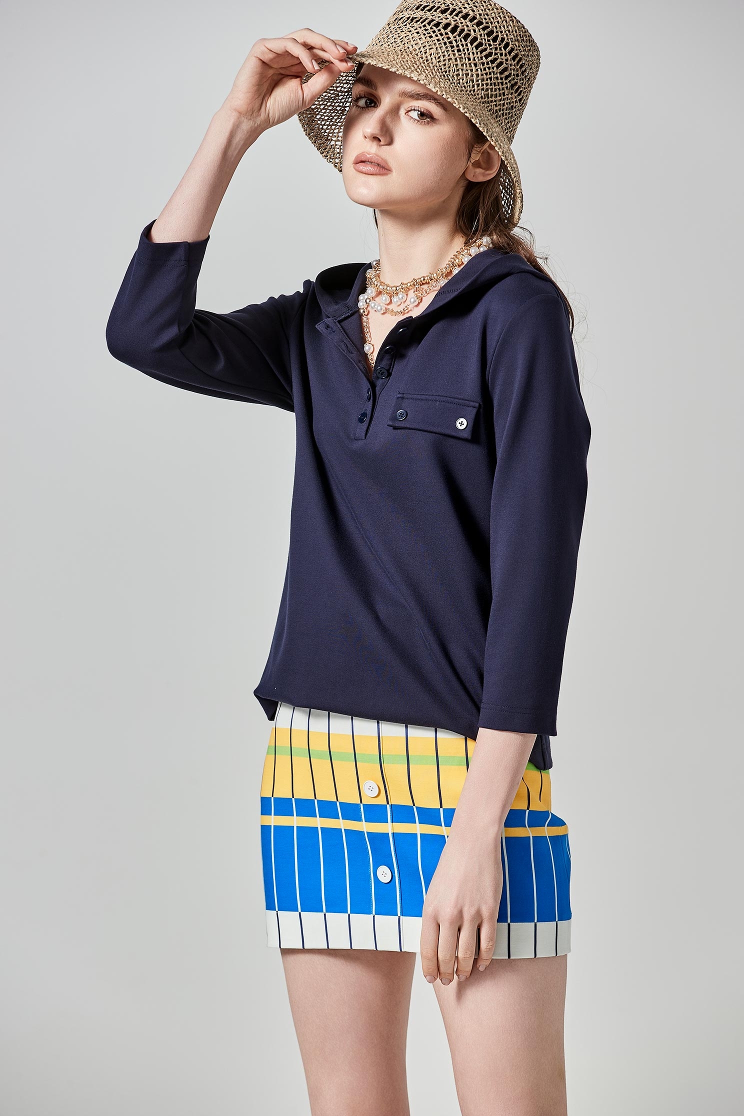 藍白黃拼色配條短裙藍白黃拼色配條短裙,春夏穿搭,窄裙