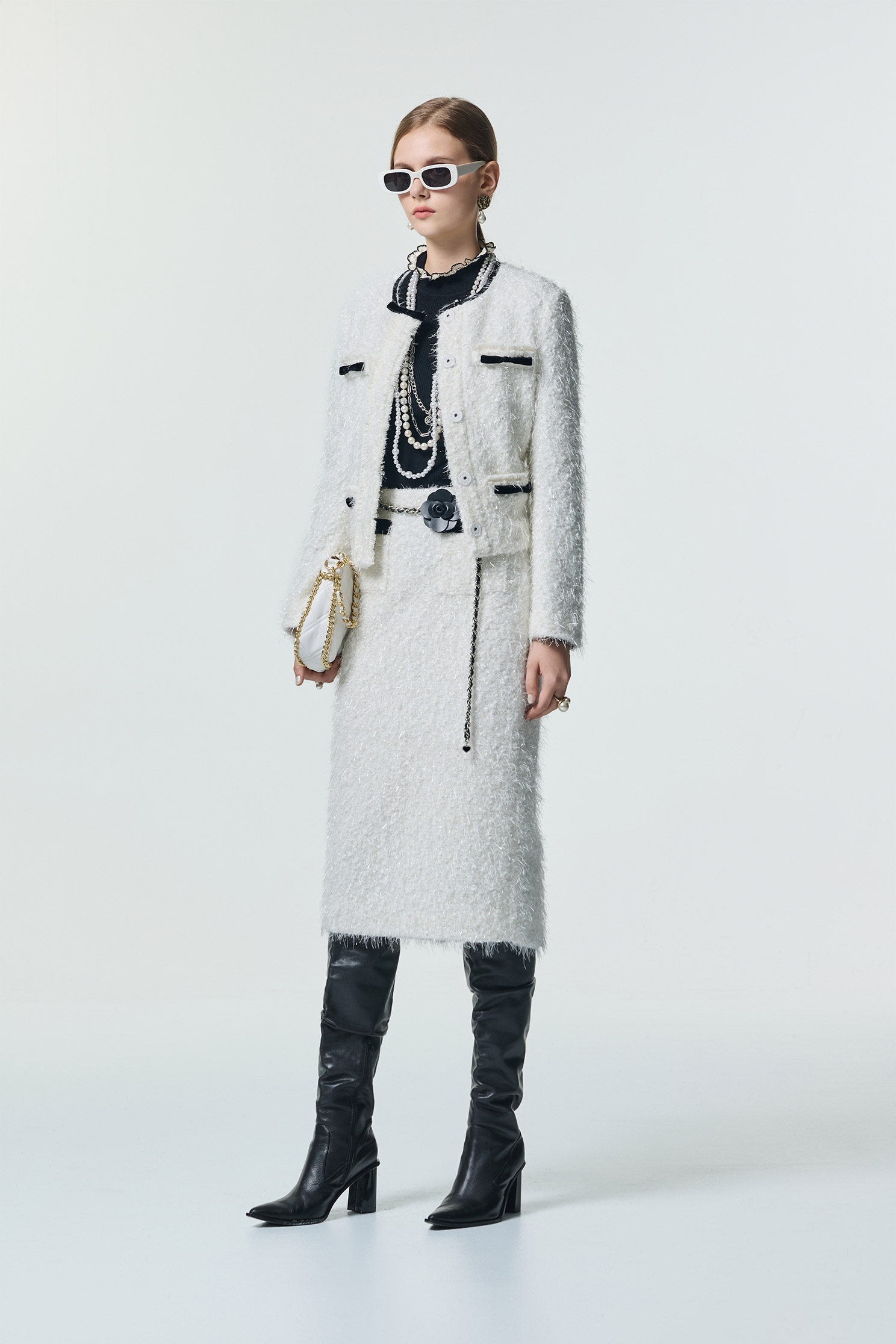 彈性花呢羽毛紗黑織帶中長窄裙彈性花呢羽毛紗黑織帶中長窄裙,上班OL穿搭,春夏穿搭,時髦成套搭配,窄裙,長裙