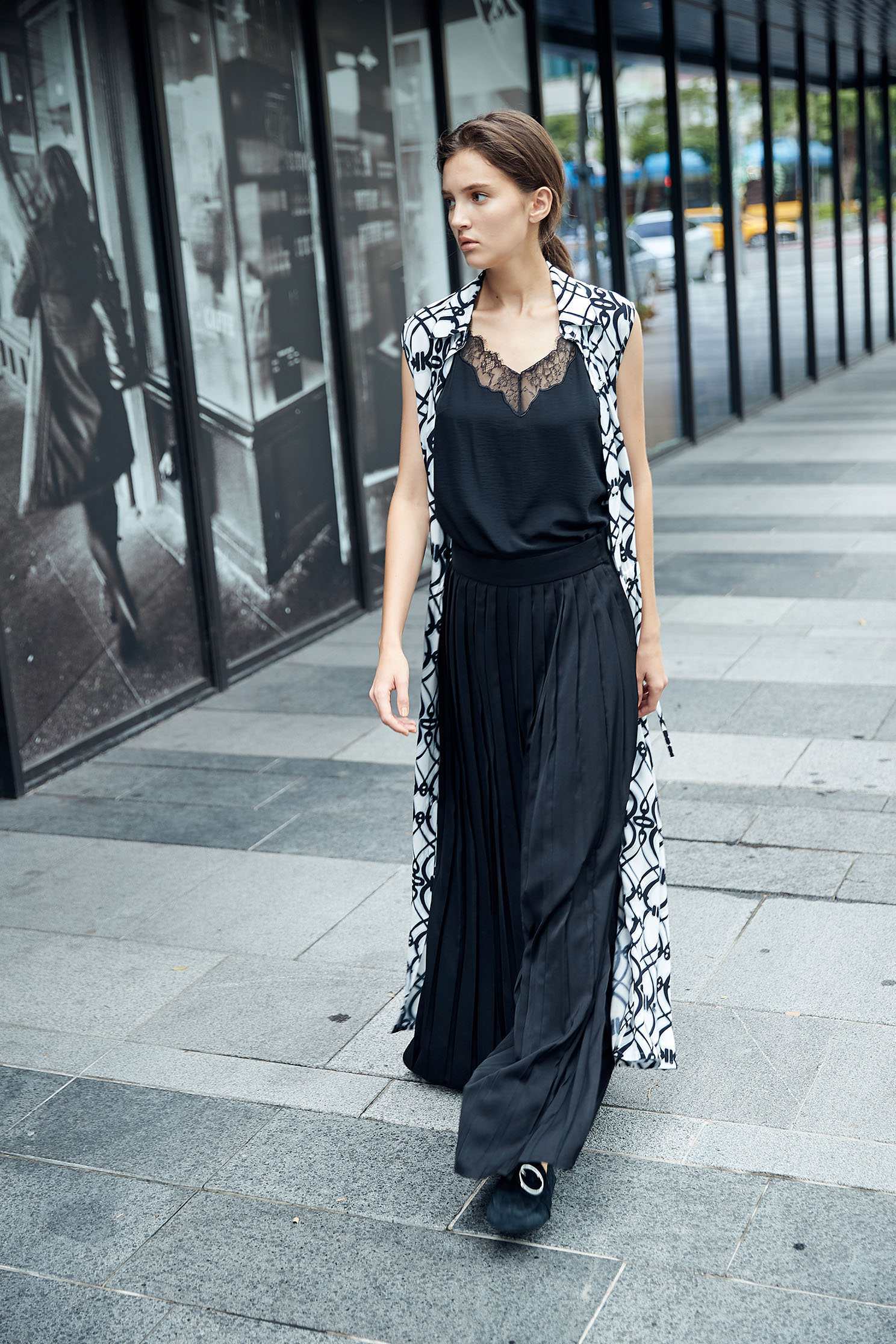 Chic pleated trouser,pants,chiffon,blackpants