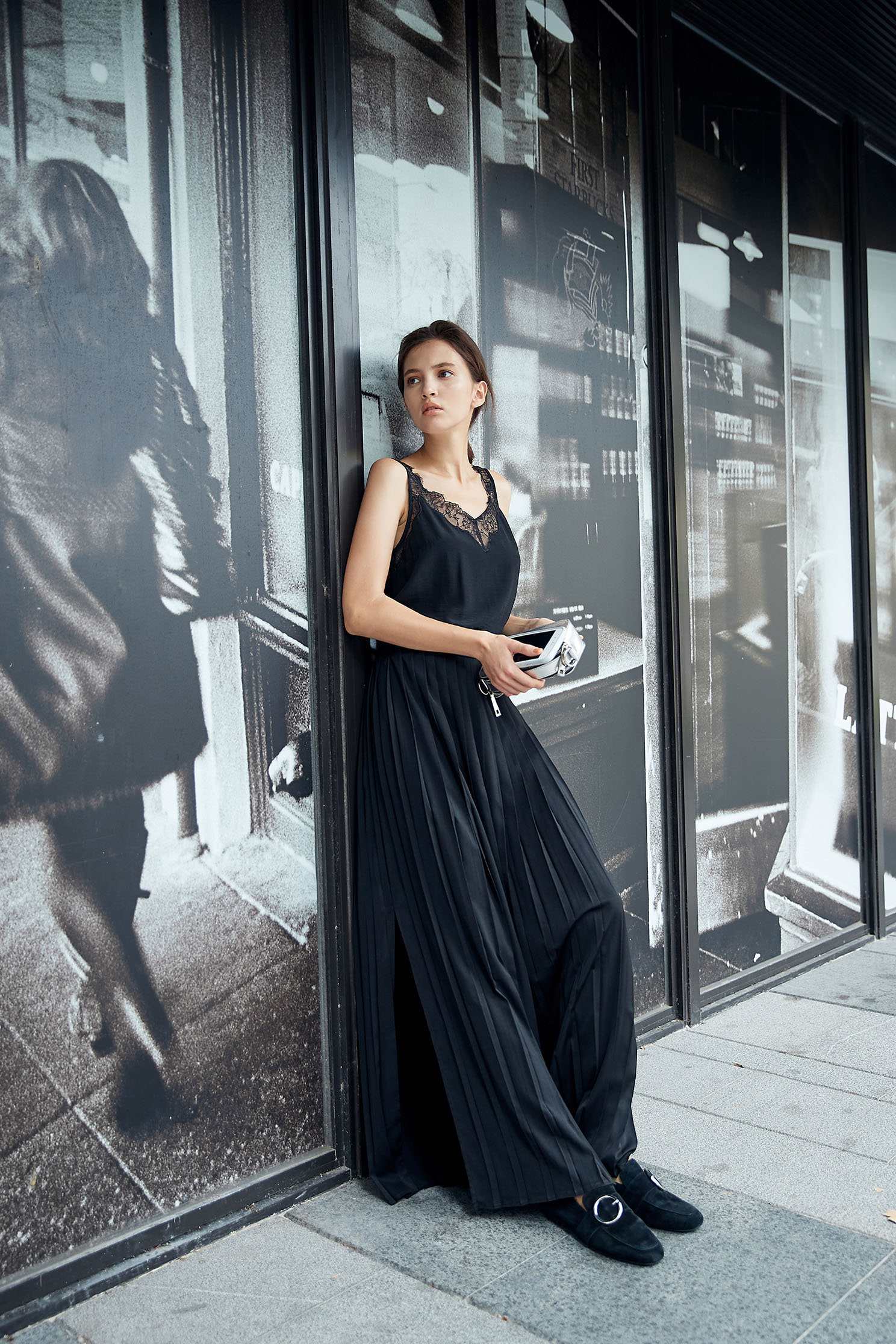 Chic pleated trouser,pants,chiffon,blackpants