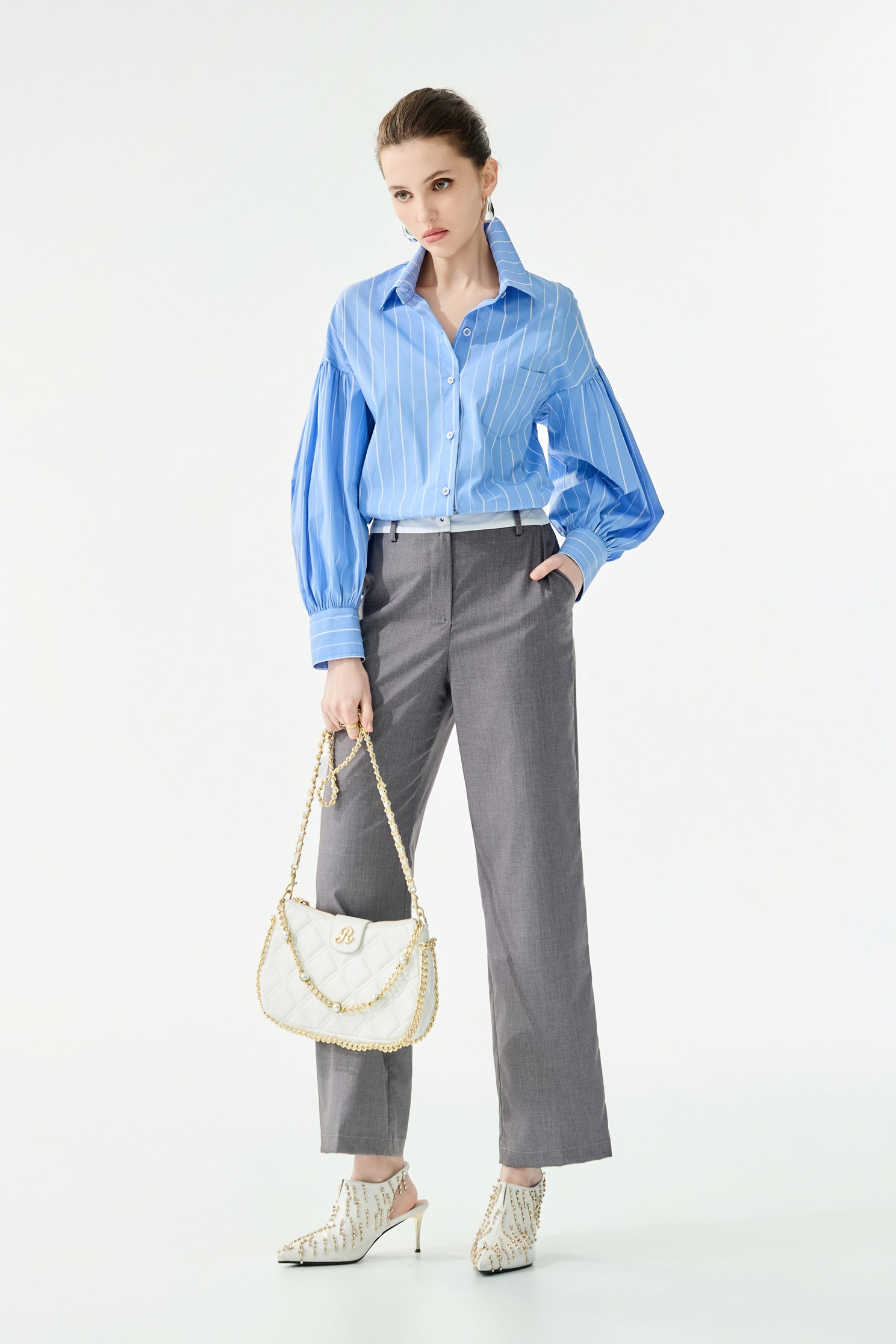 港霧灰跳色腰頭套裝長褲港霧灰跳色腰頭套裝長褲,上班OL穿搭,春夏穿搭,襯衫,西裝褲,長褲