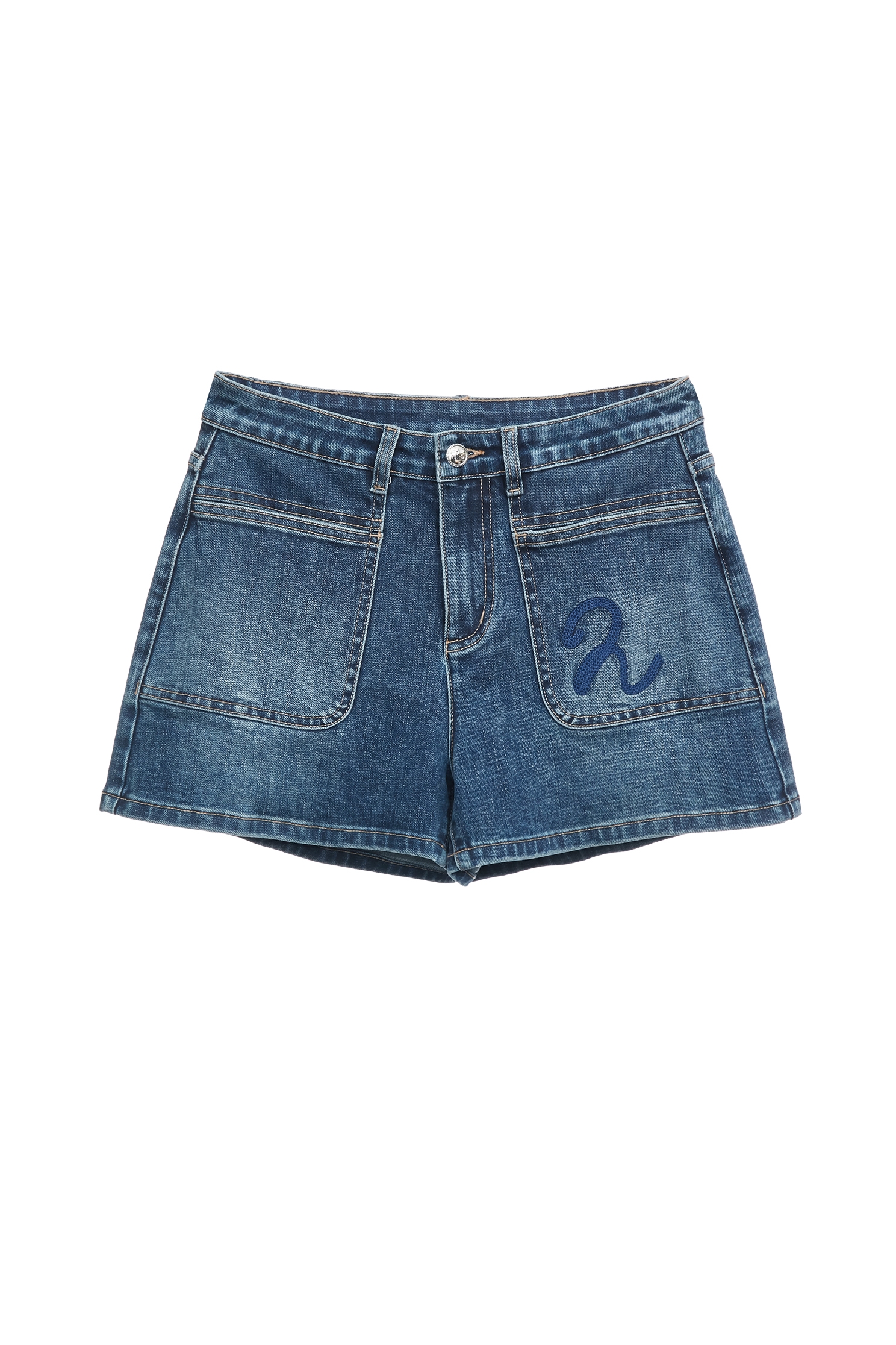 鎖鏈繡Ｒ字牛仔短褲鎖鏈繡Ｒ字牛仔短褲,丹寧,人氣商品,春夏穿搭,牛仔,牛仔褲,約會特輯,褲子,輕奢度假,輕奢渡假