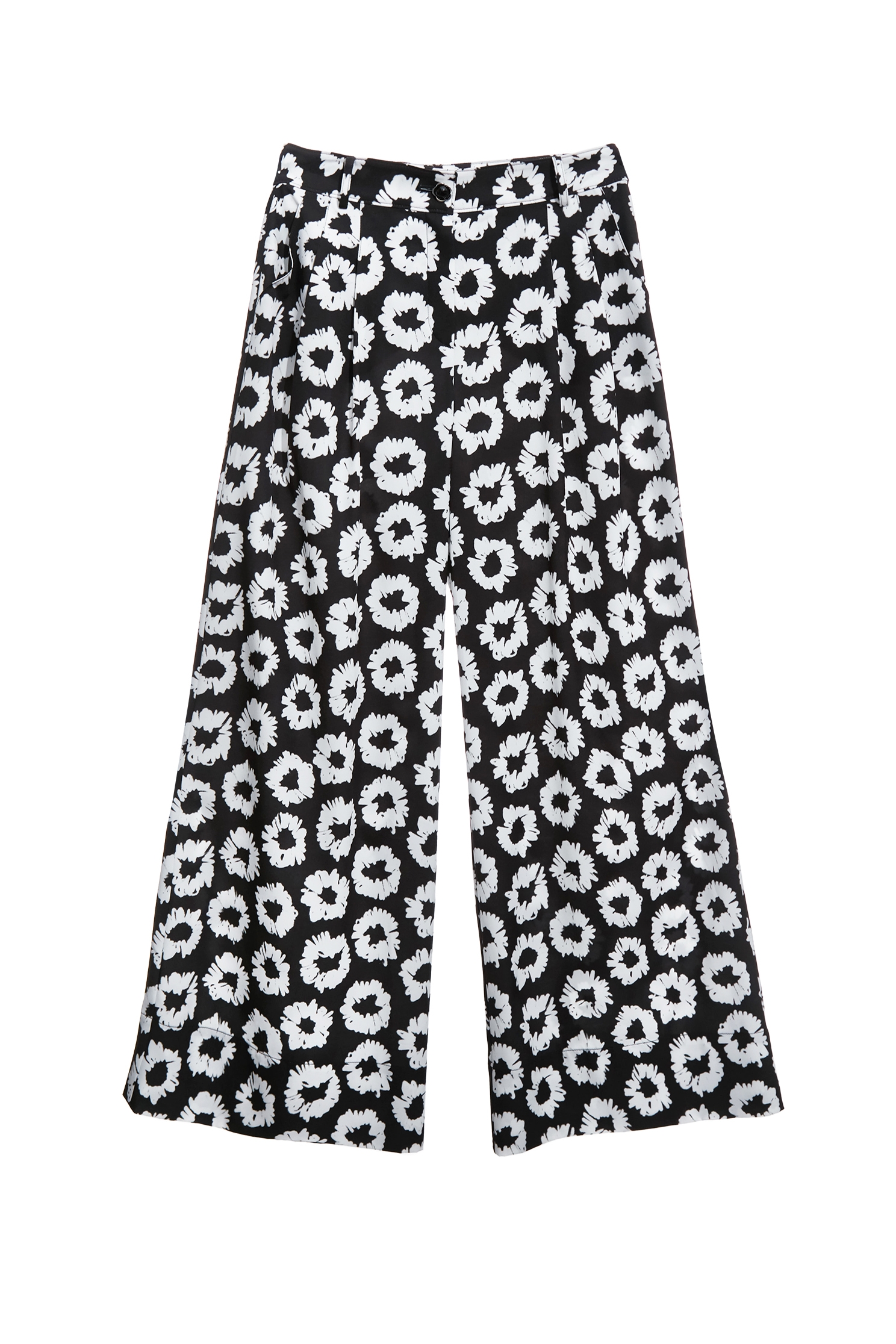 黑白手繪花打摺寬褲黑白手繪花打摺寬褲,寬褲,時髦成套搭配,秋冬穿搭,花花世界,褲子,黑色褲子,黑色長褲