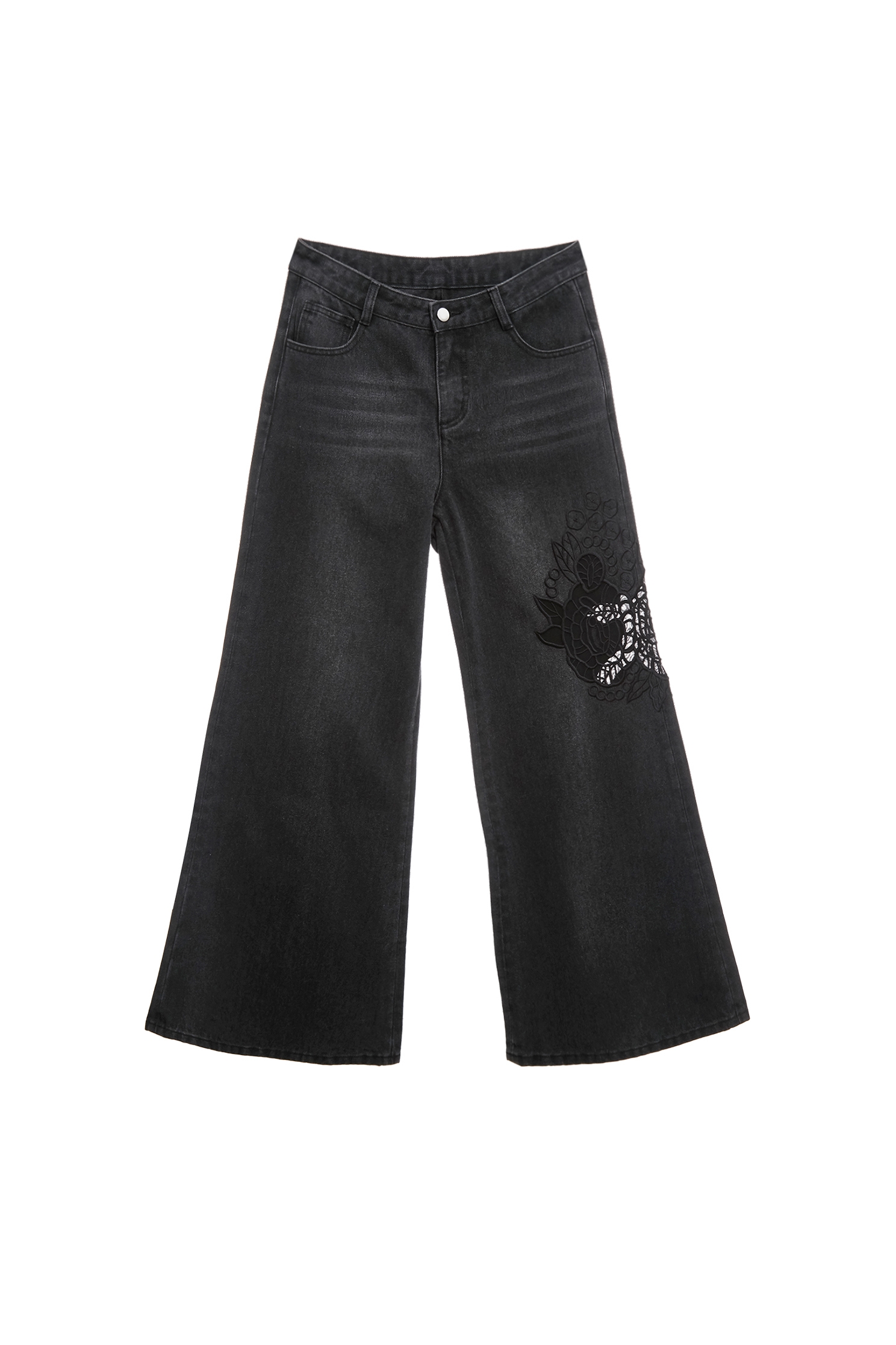 日蝕黑花朵電繡牛仔大寬褲日蝕黑花朵電繡牛仔大寬褲,牛仔,牛仔寬褲,牛仔褲,秋冬穿搭,褲子,黑色褲子