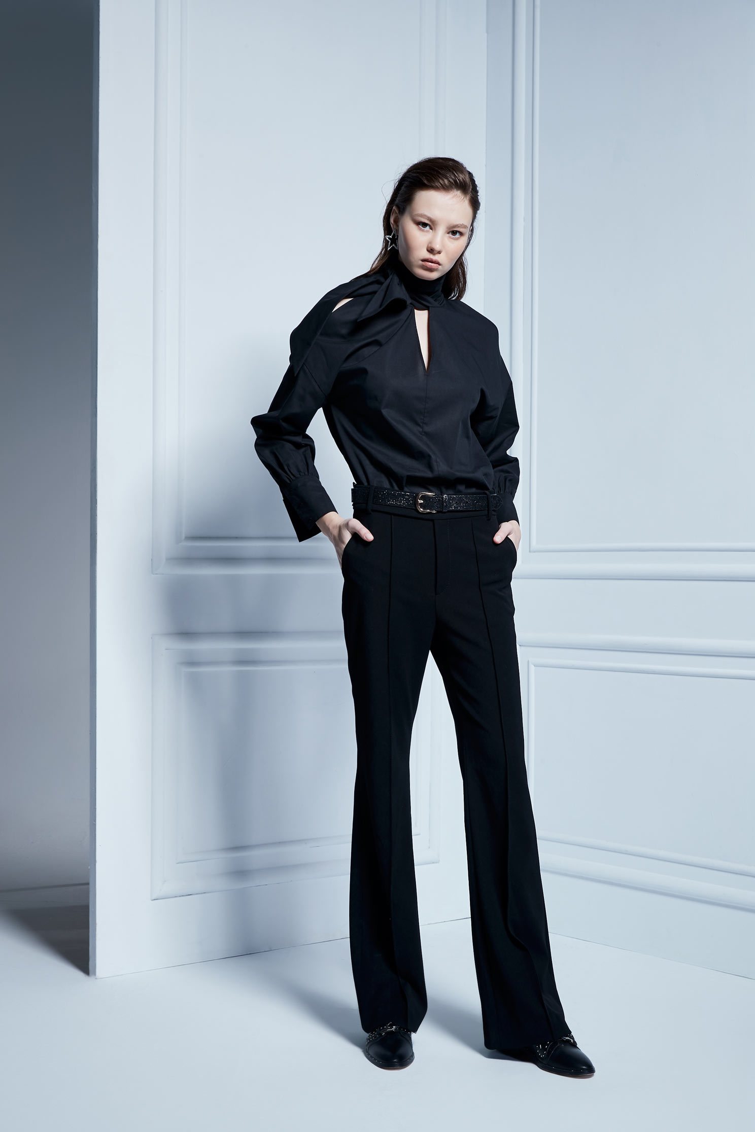 Leather strap trim trousers,Bell Bottom Jeans,皮革,i-select,Pants,長褲,Thin pants,Black trousers