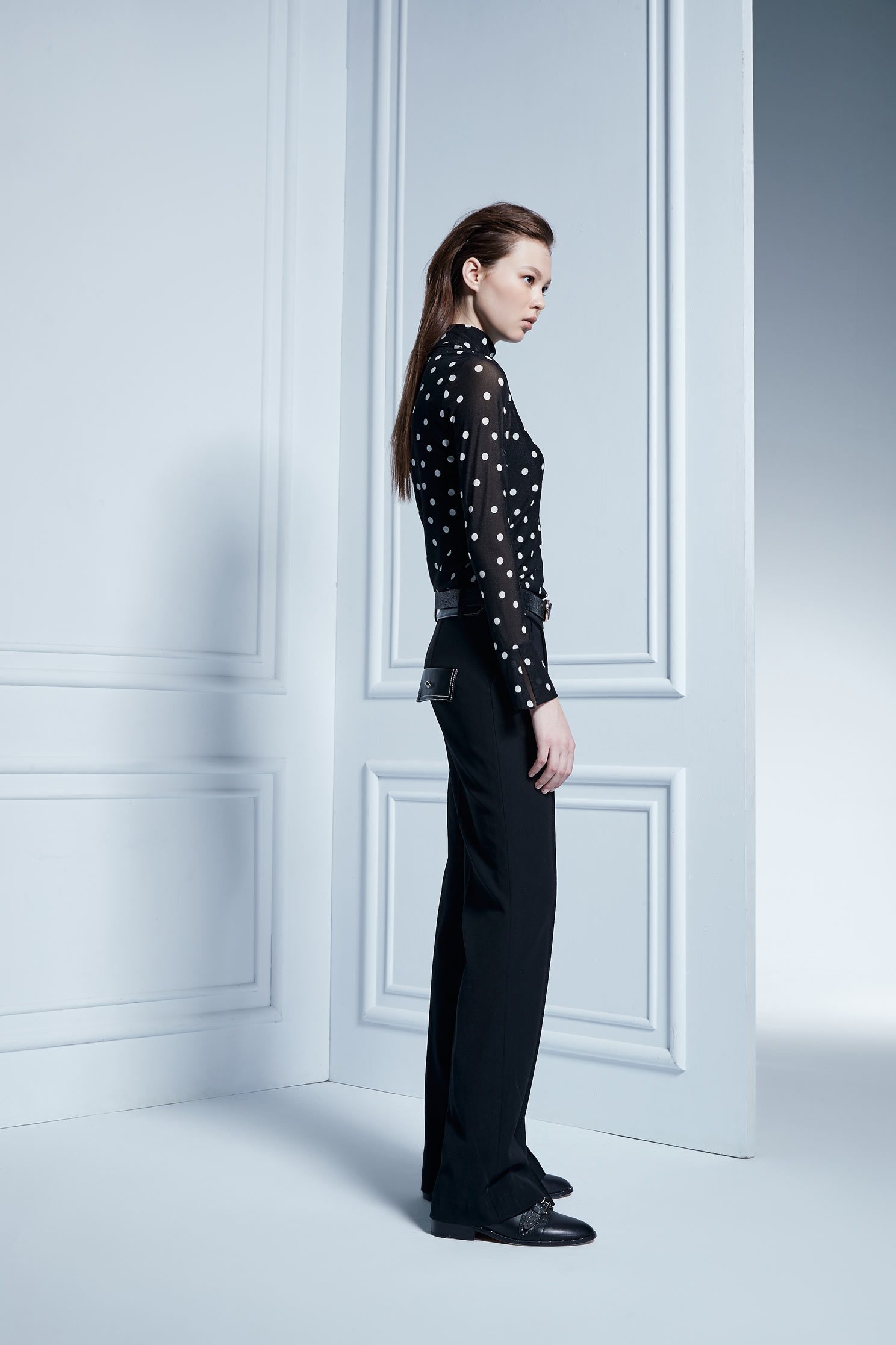 Leather strap trim trousers,Bell Bottom Jeans,皮革,i-select,Pants,長褲,Thin pants,Black trousers