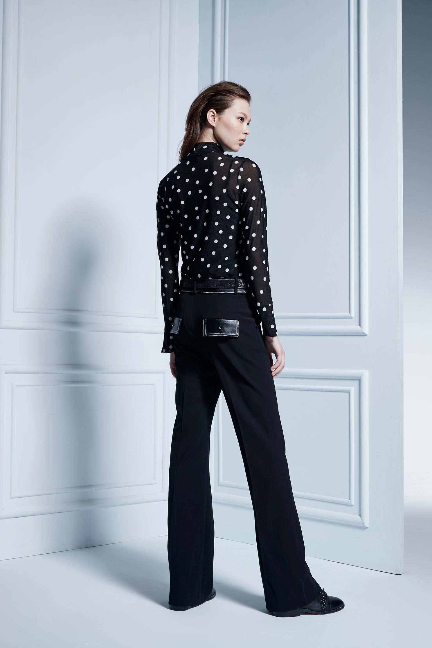 Leather strap trim trousers,Bell Bottom Jeans,皮革,i-select,Pants,長褲,Thin pants,Black trousers