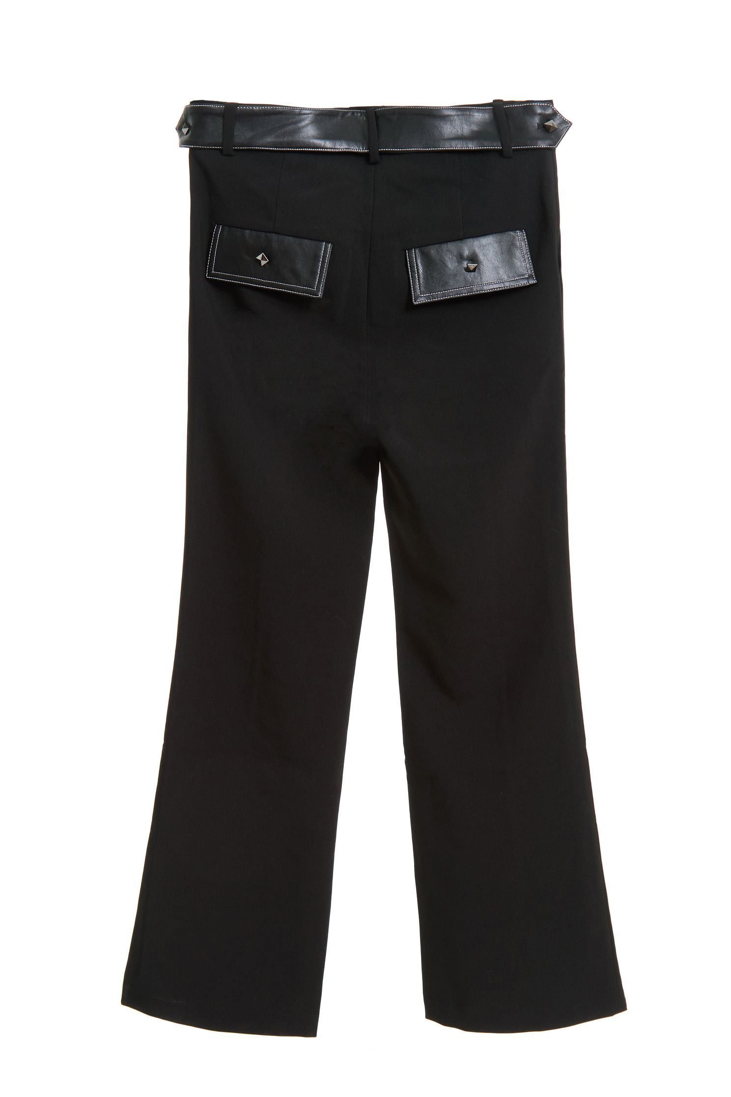 Leather strap trim trousers,Bell Bottom Jeans,皮革,i-select,Pants,長褲,Thin pants,Black trousers