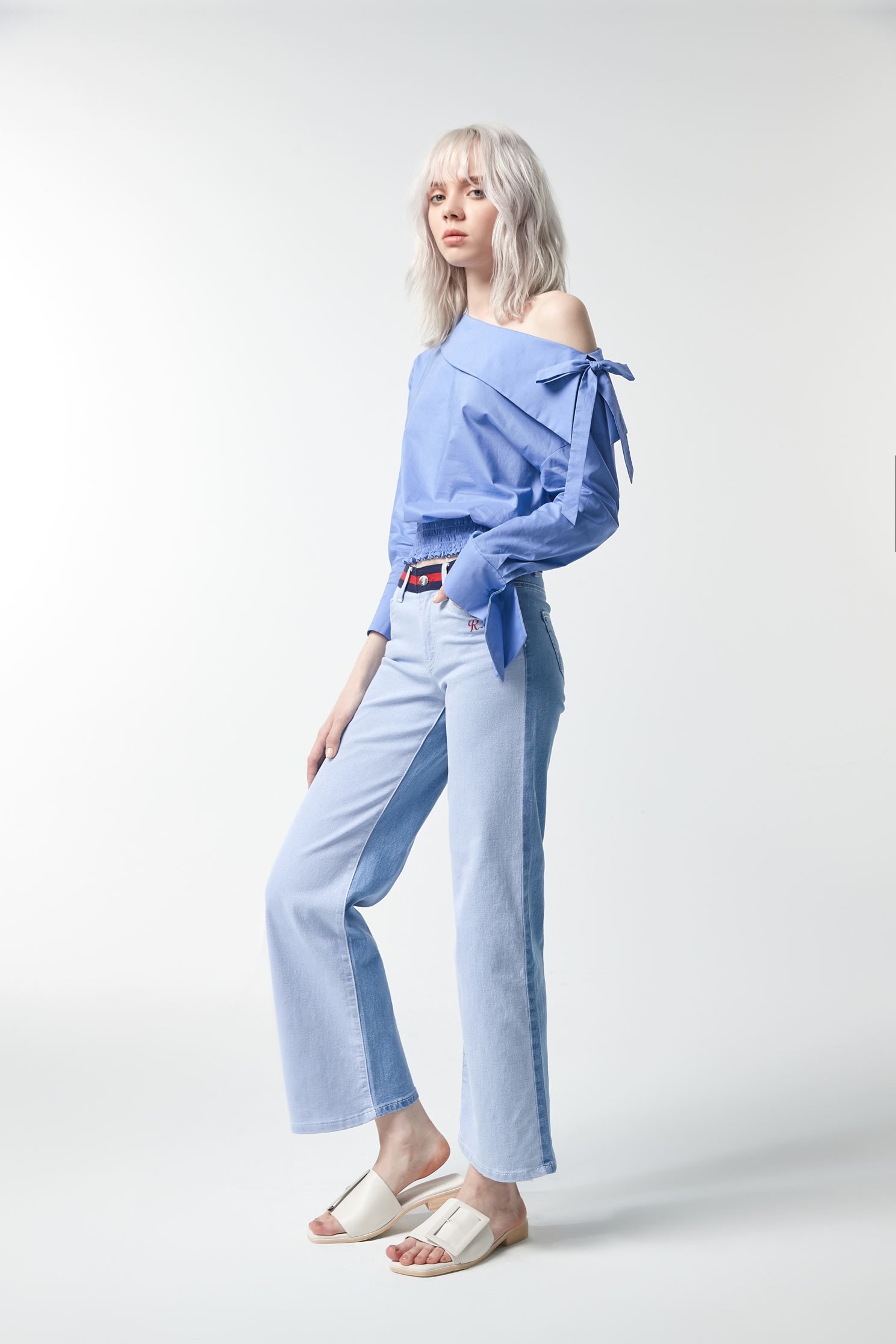 Two-color denim wide pants,tanning,embroidery,culottespants,cowboy,jeans,embroidered,pants