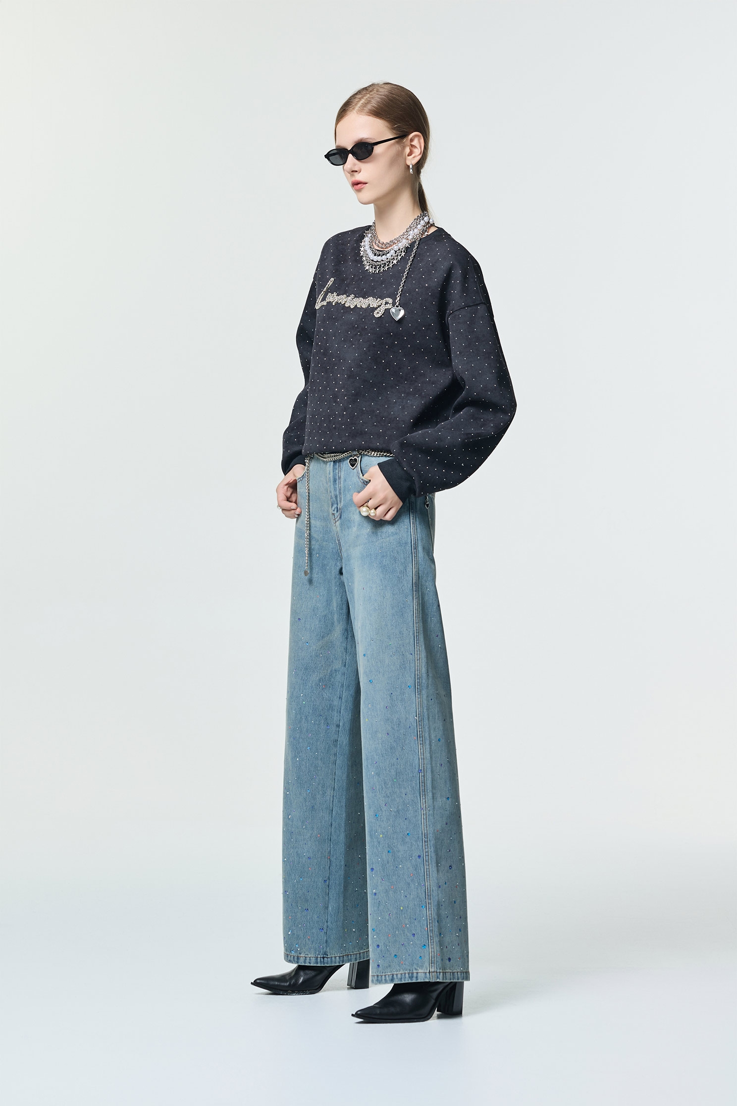 閃光五彩點點牛仔寬褲閃光五彩點點牛仔寬褲,上班OL穿搭,丹寧,喇叭褲,寬褲,牛仔,牛仔褲,秋冬穿搭,約會特輯,褲子