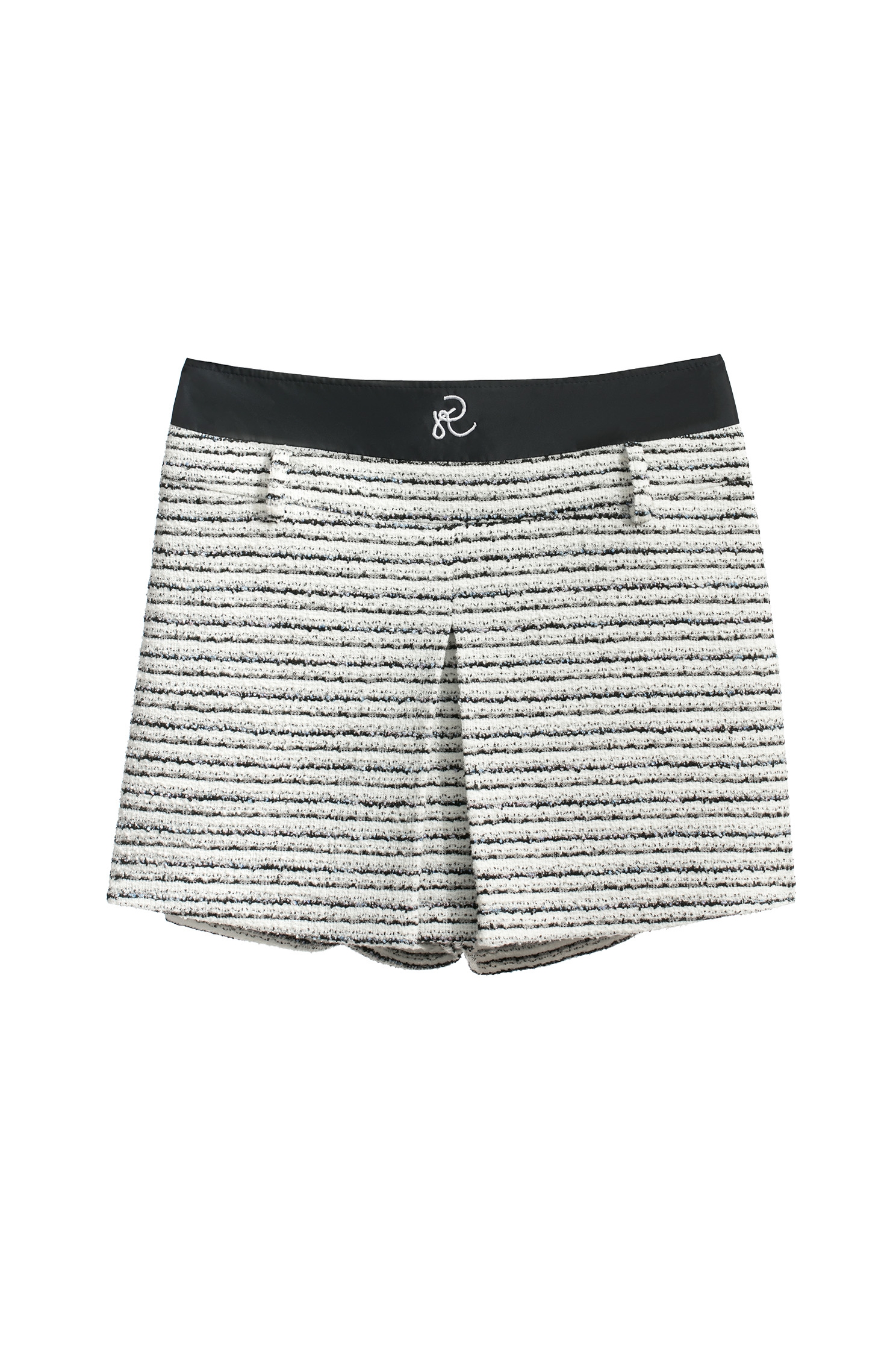 海軍藍條紋彈性花紗短褲裙海軍藍條紋彈性花紗短褲裙,春夏穿搭,時髦成套搭配,條紋,毛呢花呢,短褲,繡花,褲子