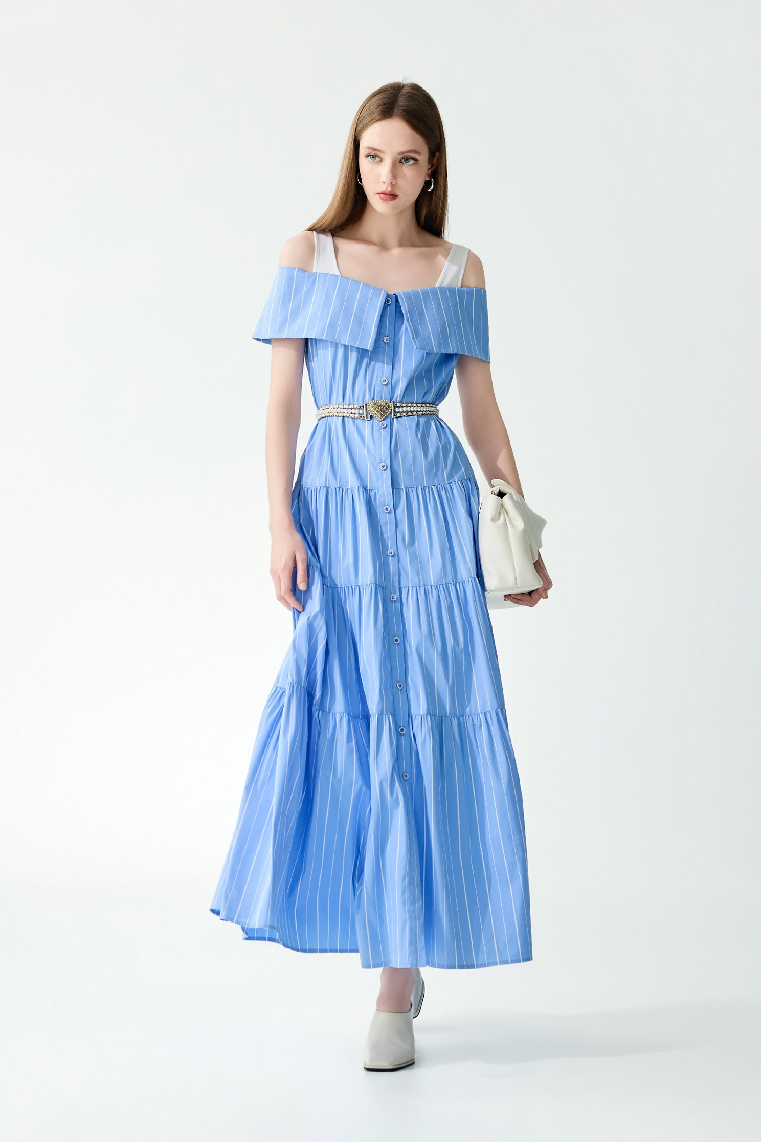 假兩件丹寧藍長洋裝假兩件丹寧藍長洋裝,一般洋裝,丹寧,春夏穿搭,條紋