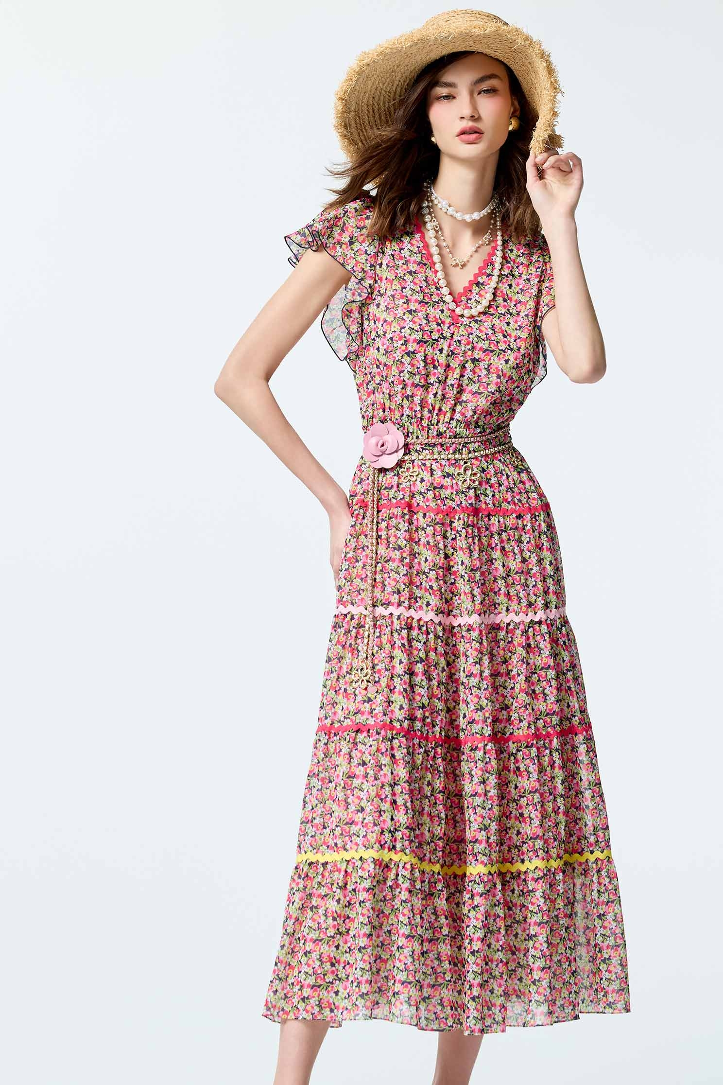 花菱草印花荷葉袖洋裝花菱草印花荷葉袖洋裝,一般洋裝,印花洋裝,小禮服,春夏穿搭,洋裝特輯,荷葉,雪紡,雪紡洋裝