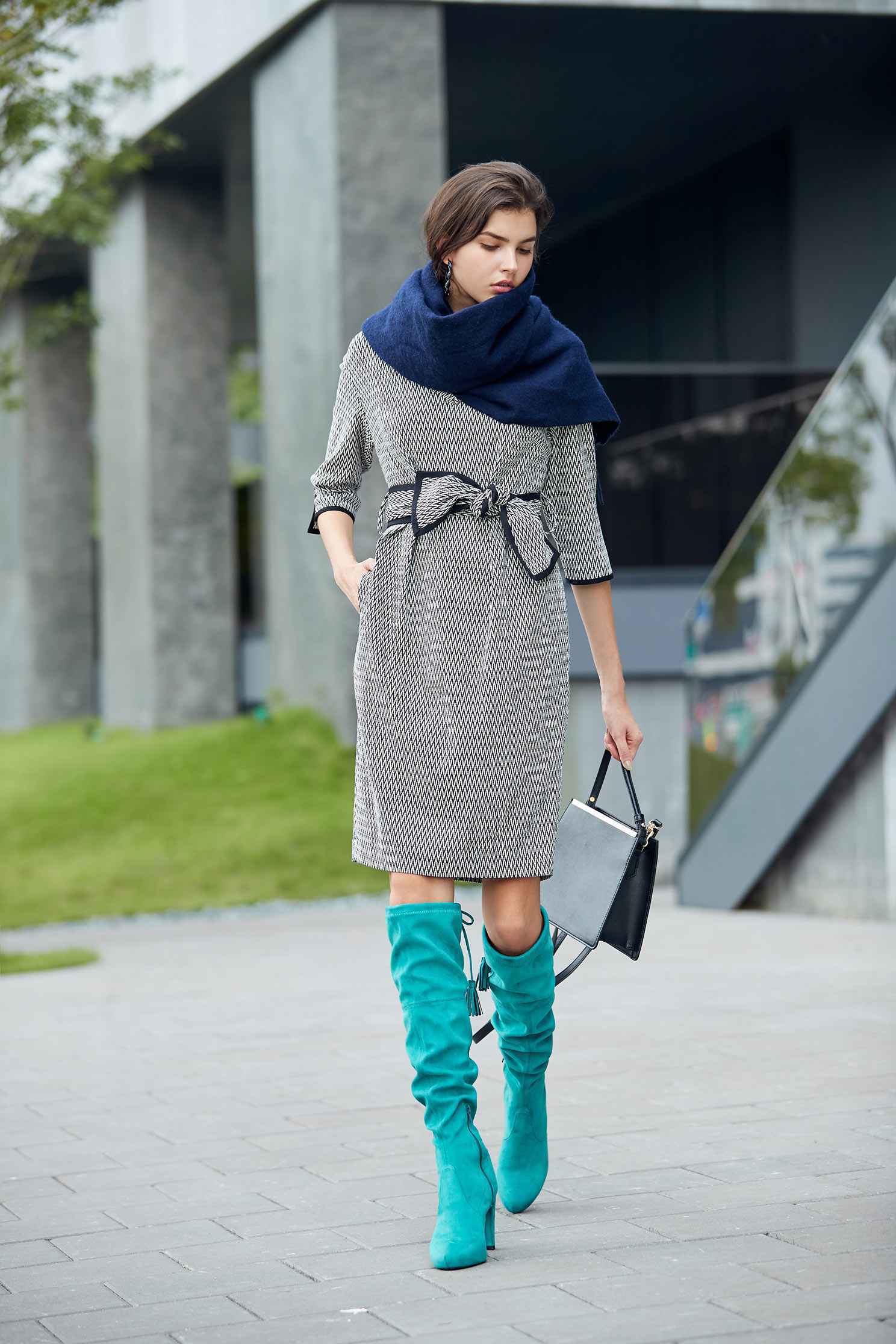 Houndstooth dress,V-neck dress,長袖洋裝