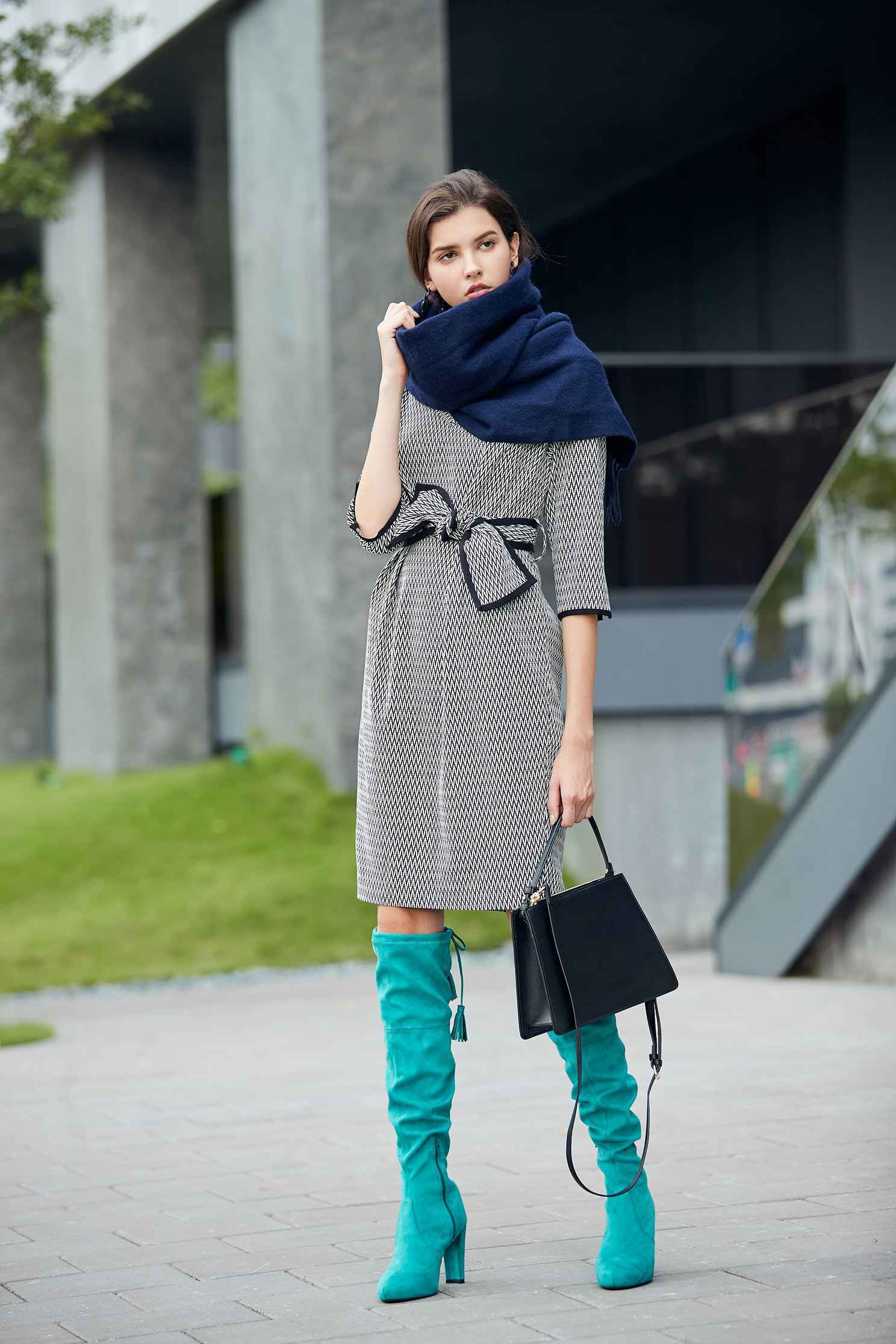 Houndstooth dress,V-neck dress,長袖洋裝