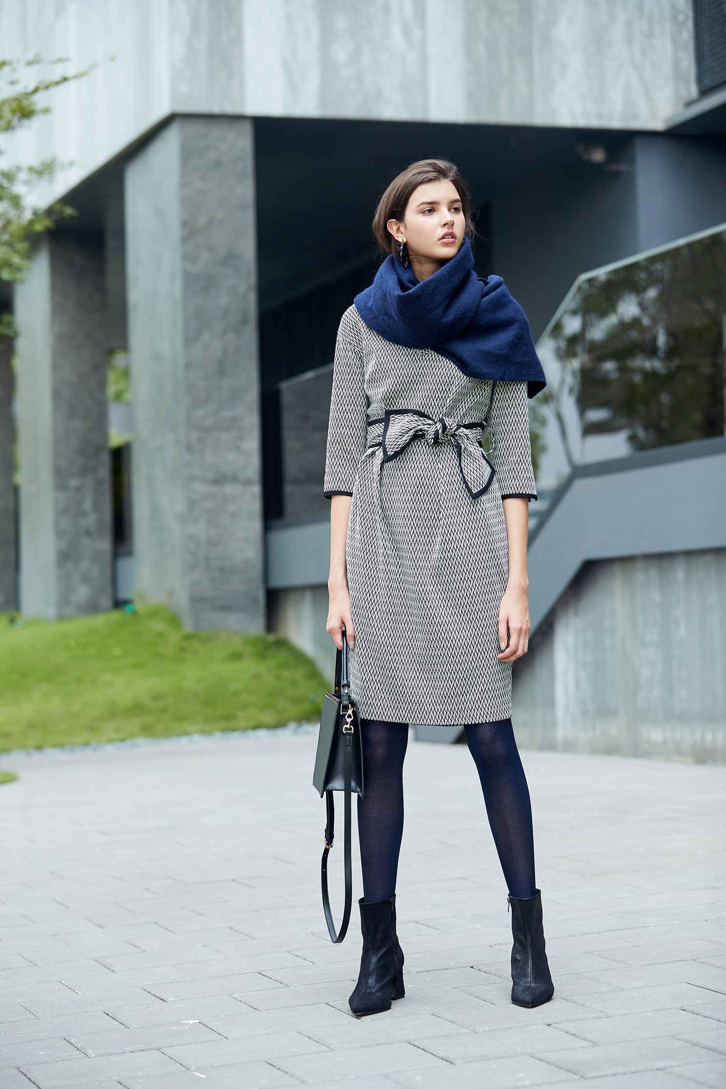 Houndstooth dress,V-neck dress,長袖洋裝