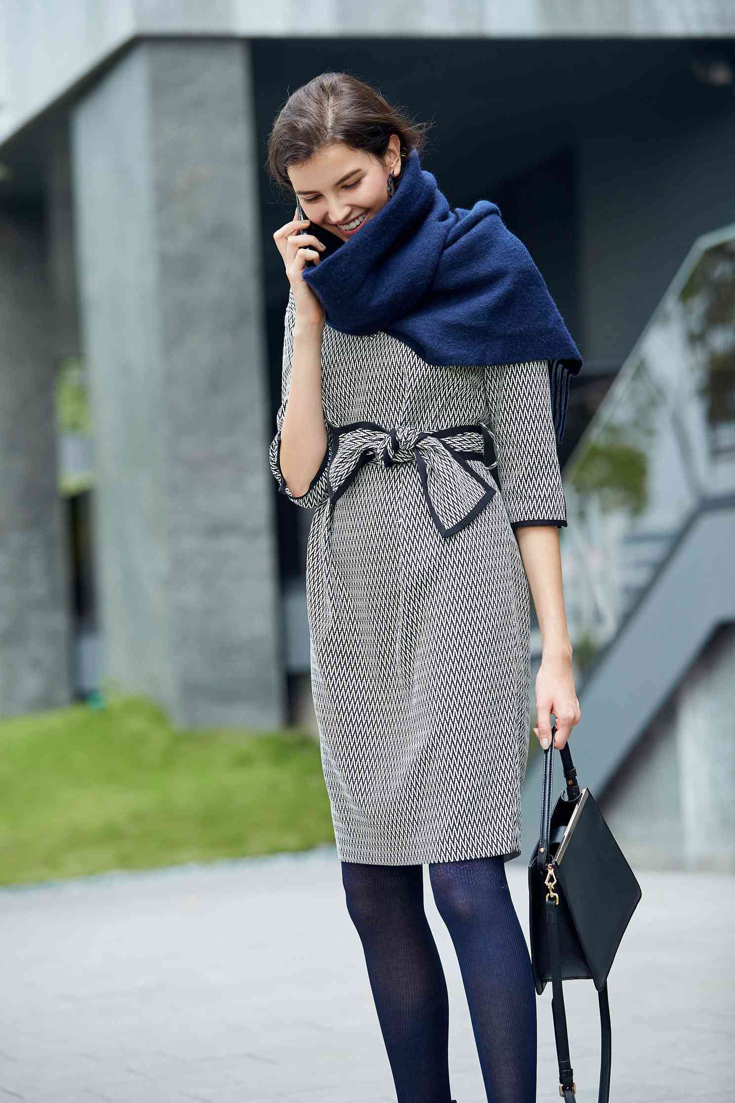 Houndstooth dress,V-neck dress,長袖洋裝